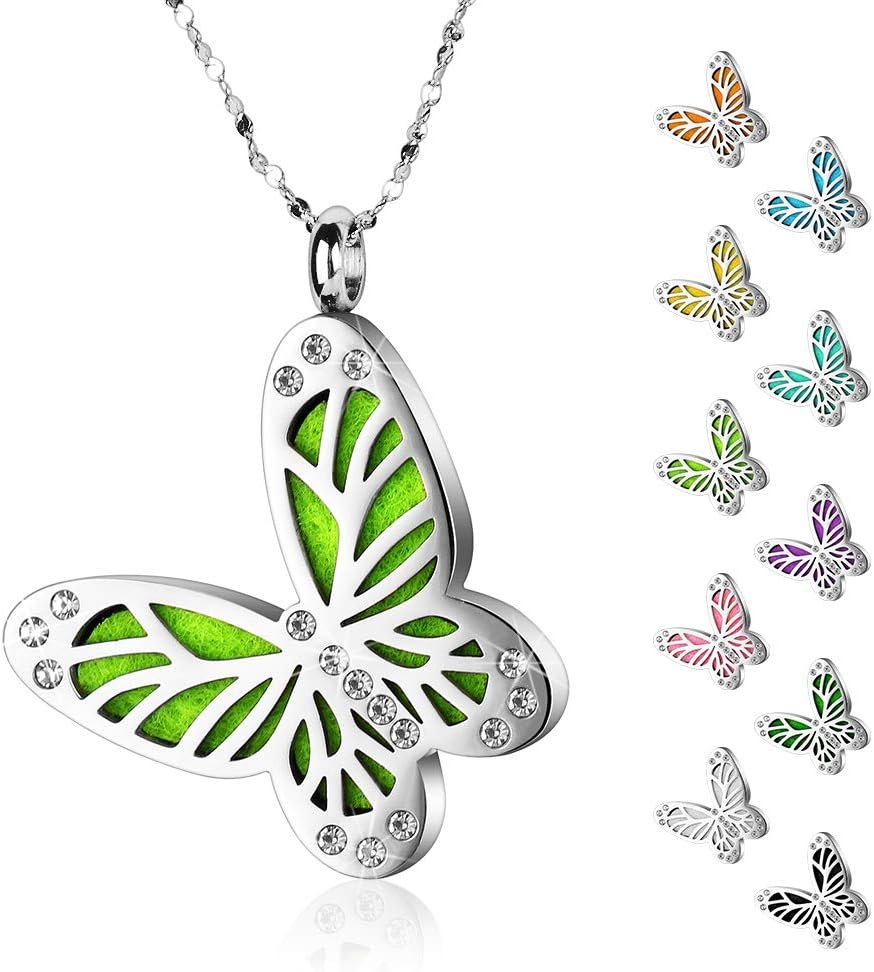 Maromalife Essential Oil Diffuser Necklace Butterfly Zircon Stainless Steel Aromatherapy Pendant Locket with Adjustable Chain and 10 PCS Felt Pads Mothers Day Christmas Birthday Gift for Women