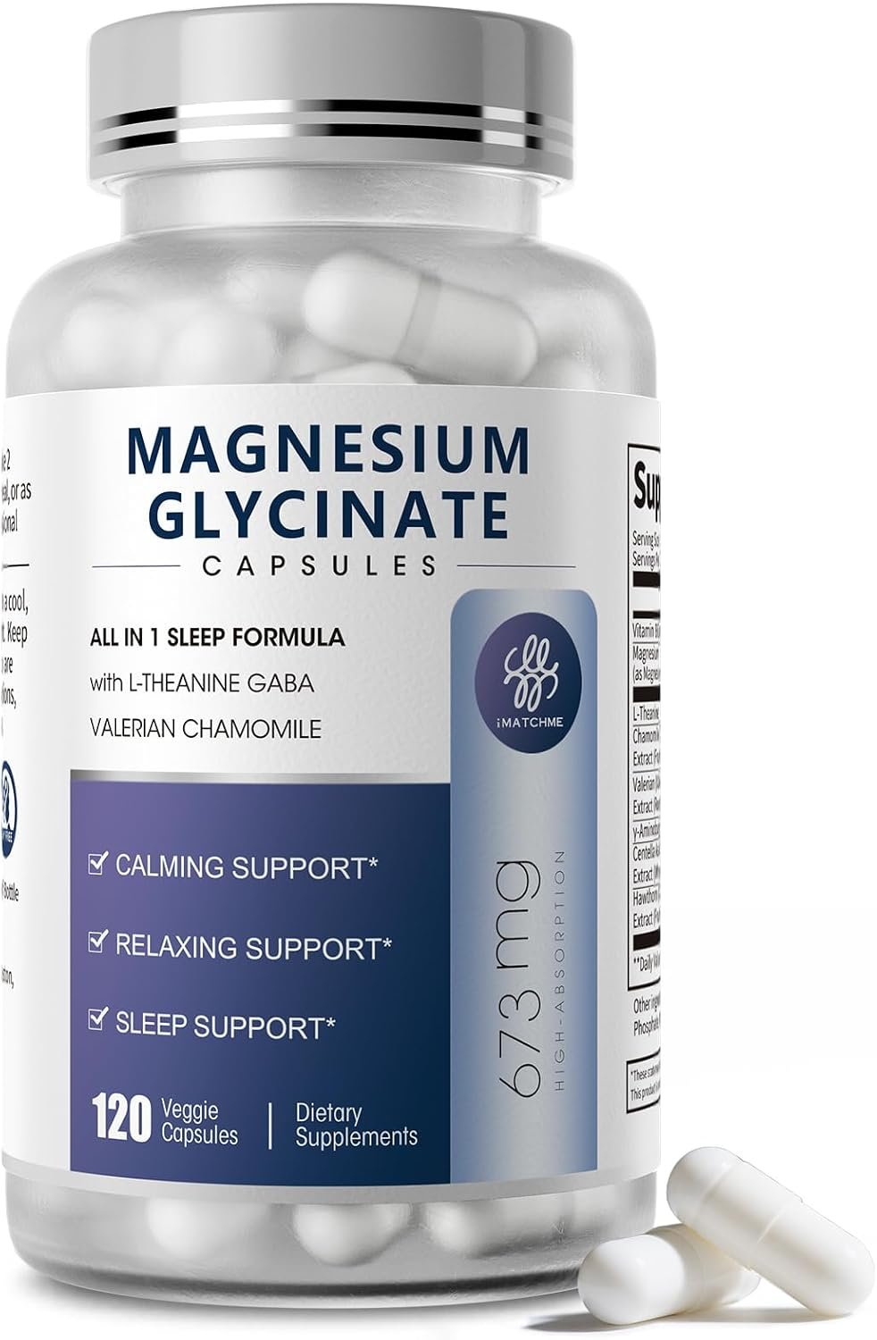 iMATCHME Magnesium Glycinate Capsules for Sleep & Calm Support, 120 Count | with L-Theanine, Chamomile & GABA, High Absorption Magnesium Supplement, Vegan Formula for Women and Men