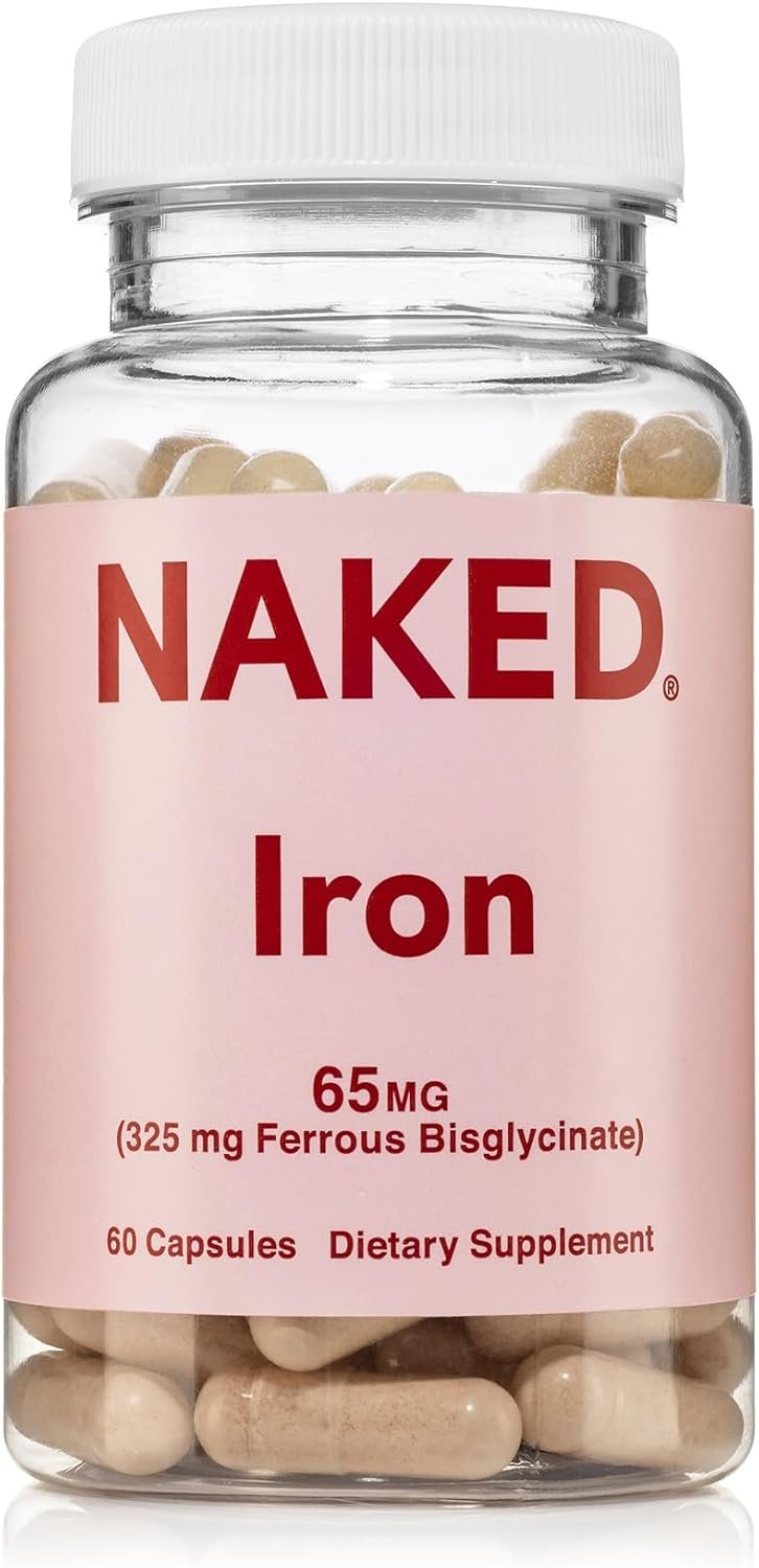 Naked Iron 65mg, 325mg Ferrous Bisglycinate – High Potency Iron Supplement for Iron Deficiency, Cellular Energy Support, Promotes Healthy Red Blood Cell Production, Non-GMO, Gluten-Free, 60 Capsules