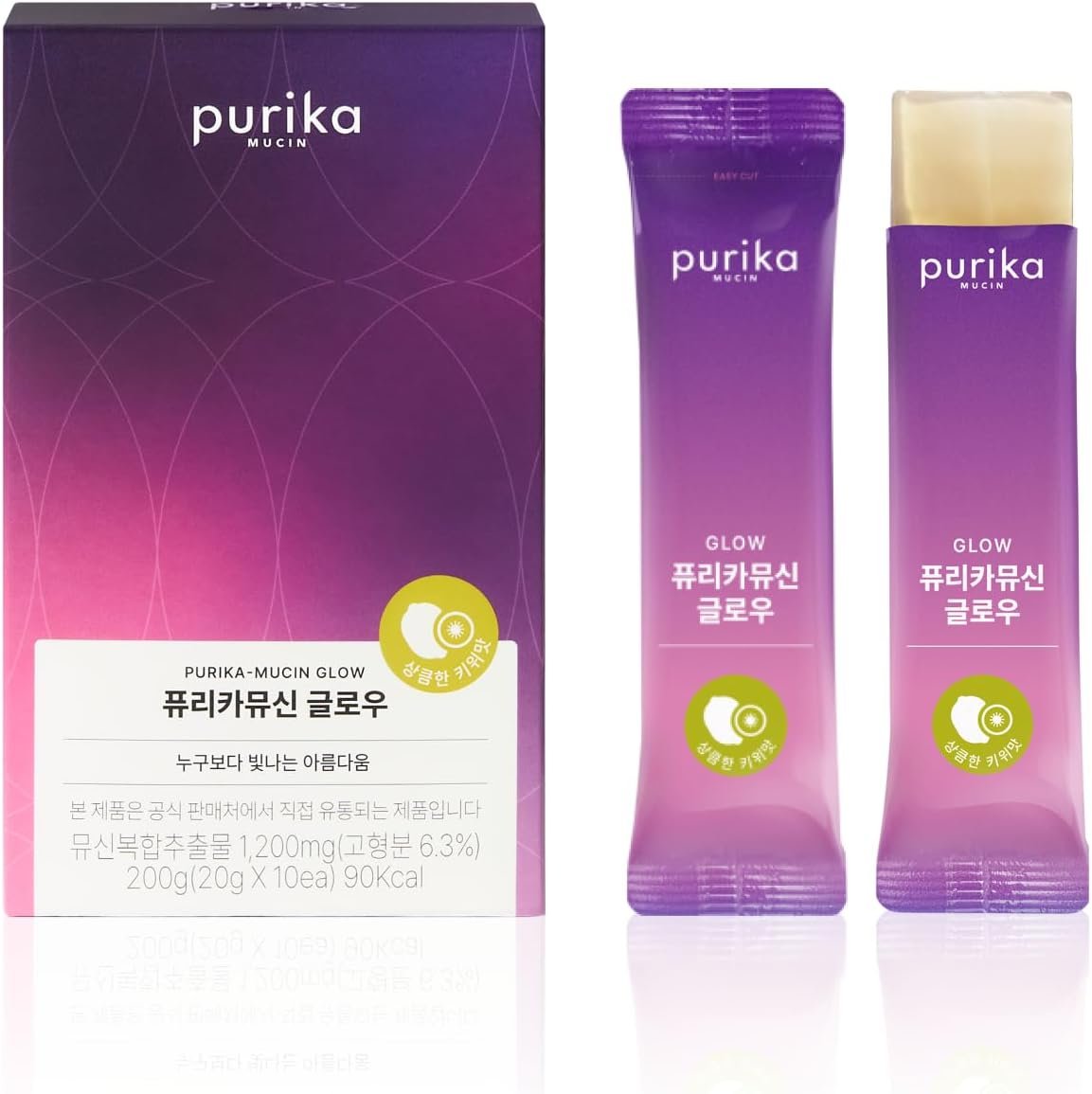 Glow, 1200mg Snail Mucin Supports Skin Elasticity, Collagen Peptides Jelly Stick, Kiwi Flavor, Biotin, Vitamin C, Hyaluronic Acid, Prebiotics, Korean Skin Care, 10 Sticks