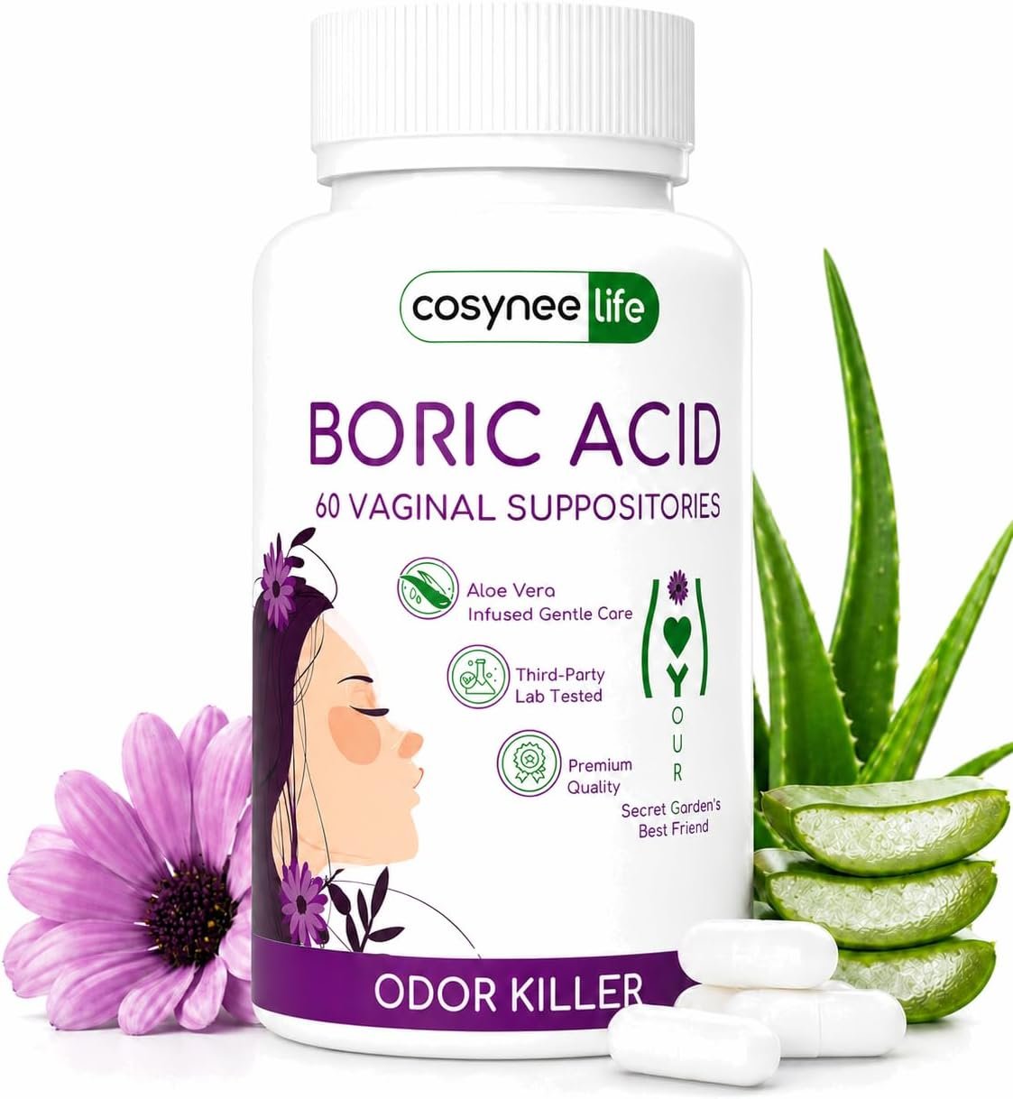 cosynee Boric Acid Capsules for Women with Aloe Vera – 60 Capsules, 650mg Each – Feminine Hygiene Support