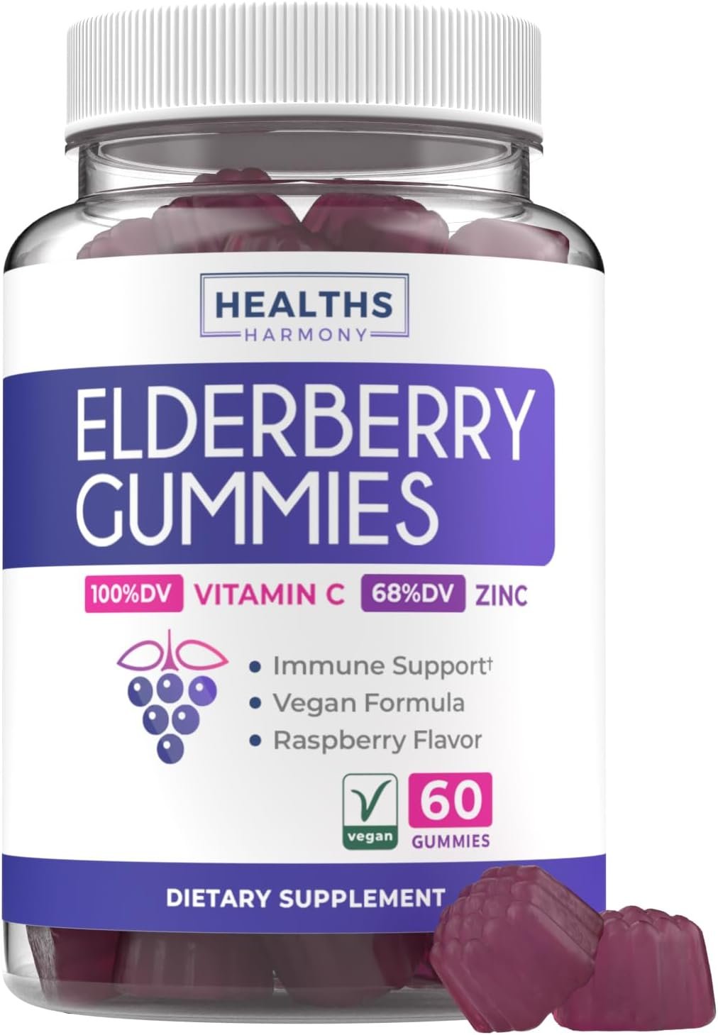 Vegan Sambucus Elderberry Gummies for Adults – Black Elderberry Vitamin C and Zinc Gummies for Daily and Seasonal Wellness – Delicious and Nutritious Immune Support Gummy (1 Month Supply)