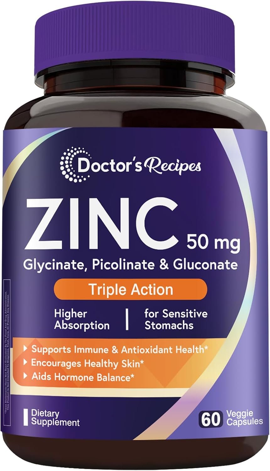 Doctor’s Recipes Zinc Supplement 50mg, Triple Action Immune Support, Chelated Zinc Picolinate, Glycinate & Gluconate, Once Daily for Men & Women, Skin Health, Hormone Balance, Vegan, 60 Capsules