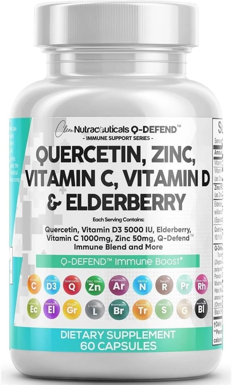 Q Defend Quercetin Supplement with Zinc Vitamin C Vitamin D Elderberry Turmeric Black Pepper Garlic Ginger Sea Moss Lysine Stinging Nettle Reishi Mushroom Immune Support 60 Capsules
