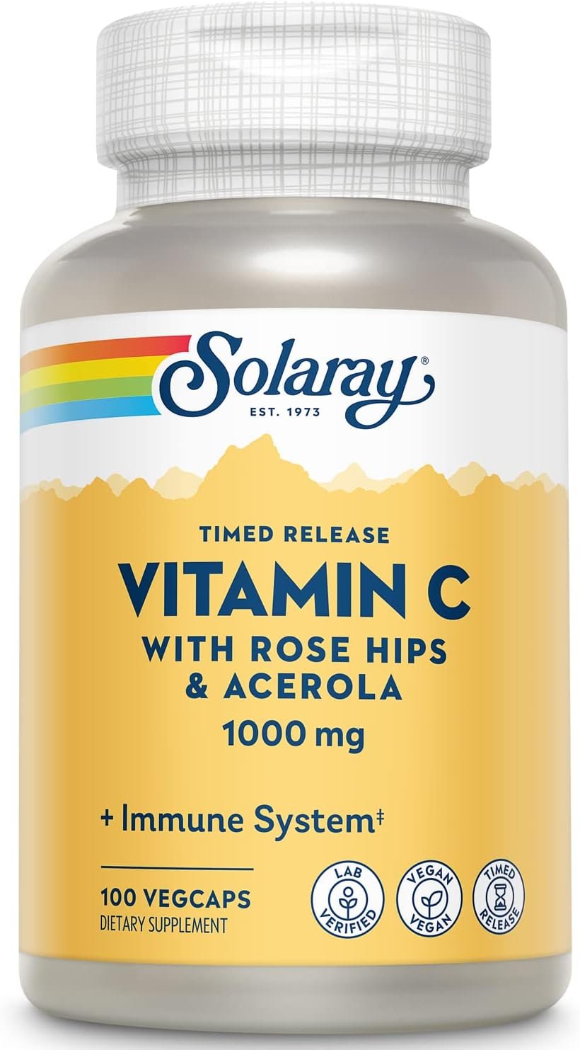 SOLARAY Vitamin C 1000mg – Time Release Vitamin C Capsules w/Rose HIPS and Acerola for Bioflavonoid Support – Two-Stage, All-Day Immune Support – Vegan, 60 Day Guarantee | All-Day Immune, Antioxidant & Heart Support, Rose Hips & Acerola, 100 Servings, Vegan, Lab Verified