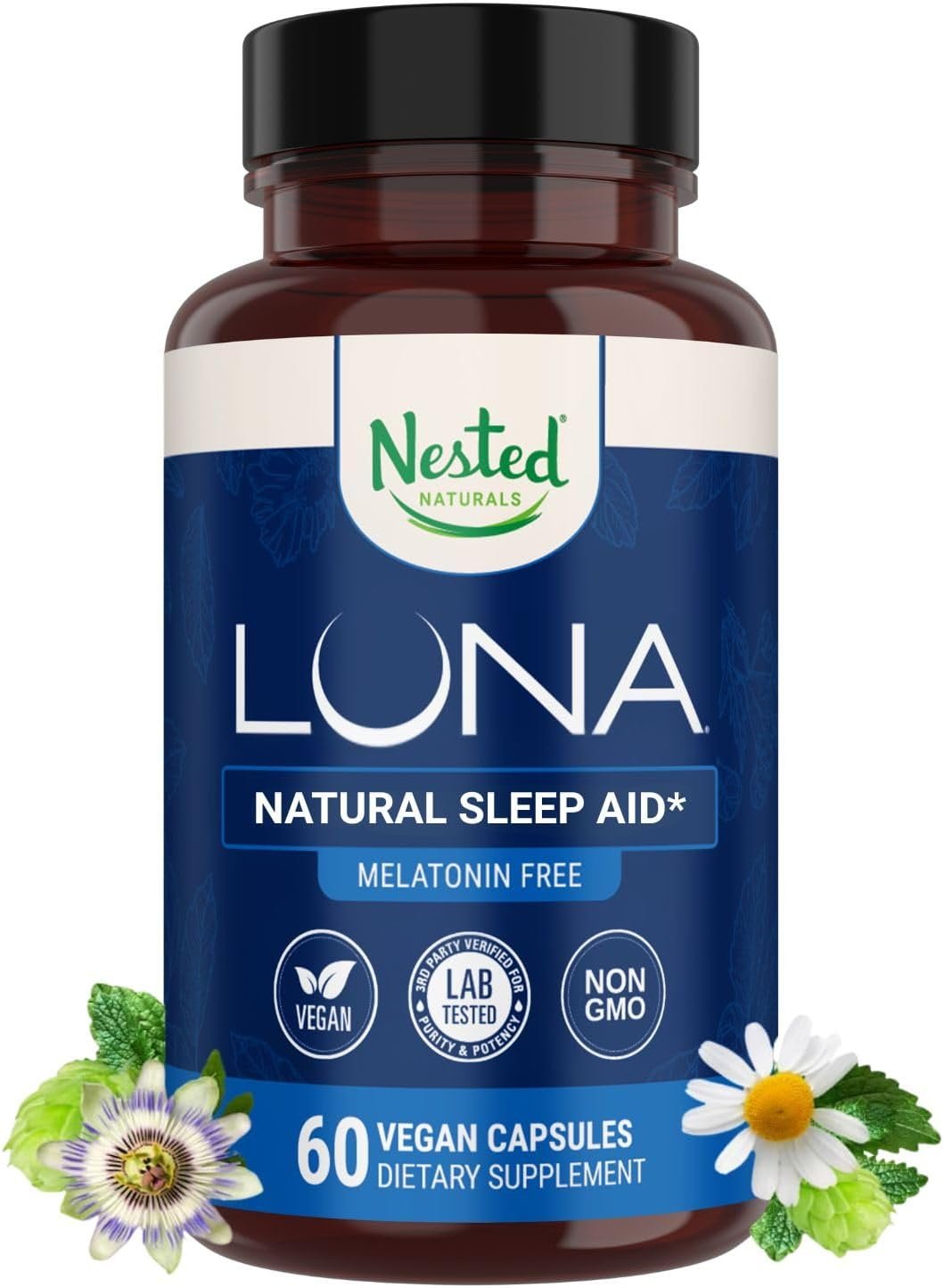 Nested Naturals Luna Melatonin-Free Sleep Supplement – Non-Habit Forming Herbal Sleep Supplement, Adult Bedtime Support, Help Sleeping w/Chamomile, Valerian, L-Theanine – 60 Vegan Capsules