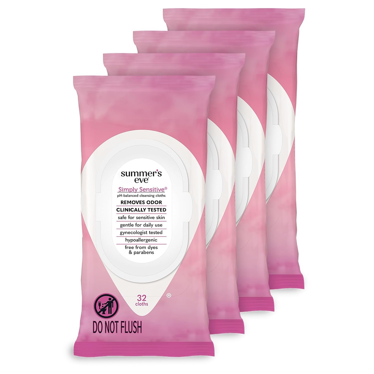 Summer’s Eve Gentle Feminine Wipes, Simply Sensitive, 32 Count, 4 Pk | Vaginal Wipes, Resealable, pH-Balanced Micellar Water Formula, Feminine Care to Help Remove Vaginal Odor, Gynecologist Tested