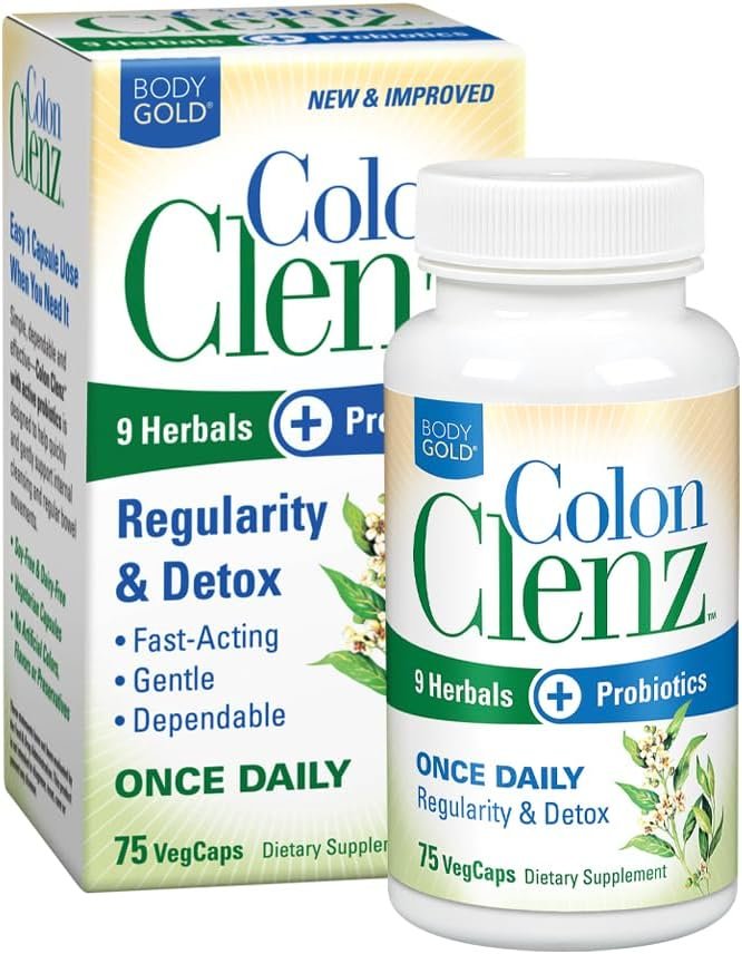 Body Gold Colon Clenz & Detox Overnight Formula, 75 Capsules | Overnight Colon Cleanse & Regularity Support, 9 Herbs & Active Probiotics, Once Daily Formula, 75 Servings