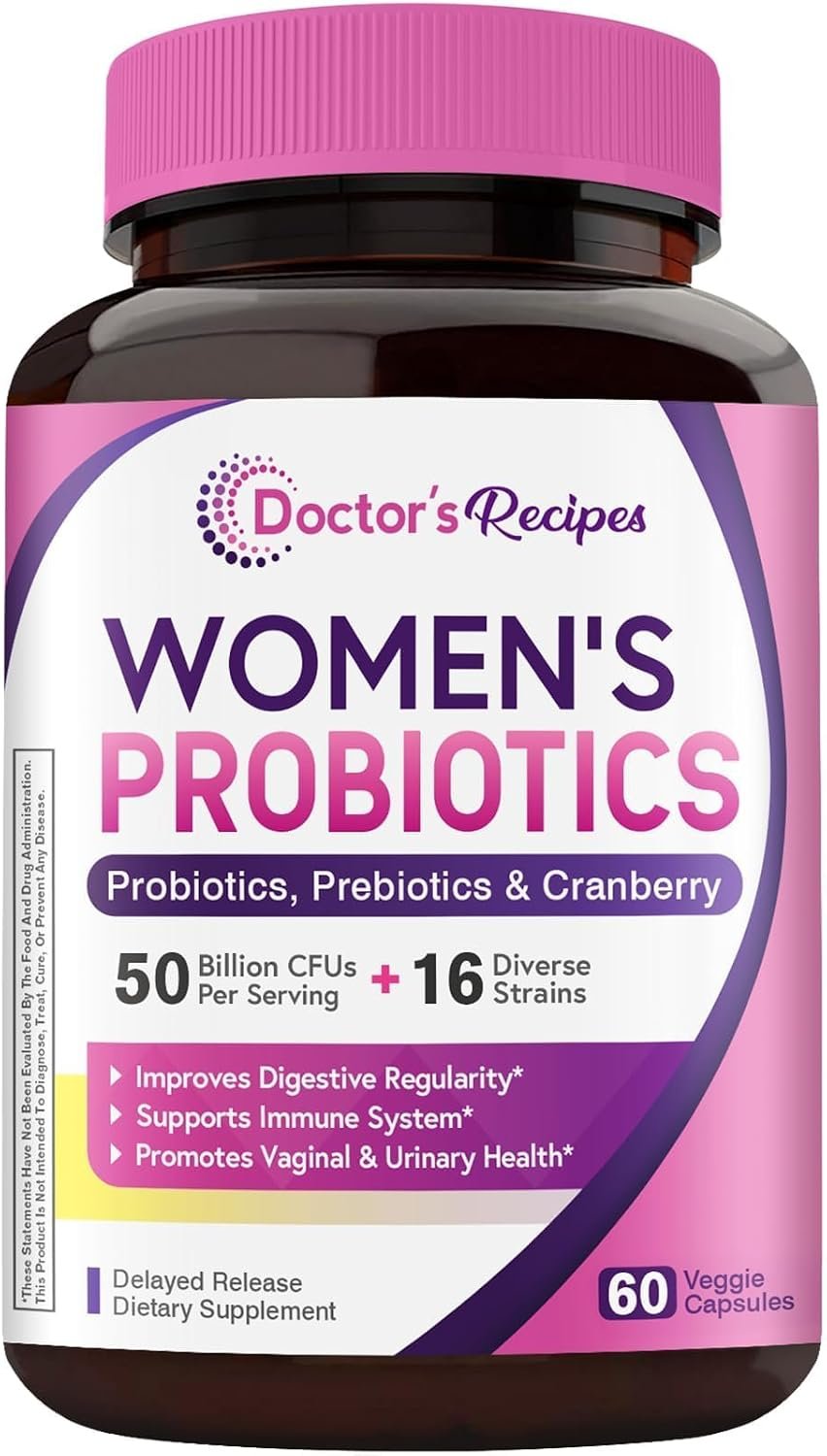 Doctor’s Recipes Women’s Probiotic, 60 Caps 50 Billion CFU 16 Strains, with Organic Cranberry, Digestive Immune Vaginal & Urinary Health, Shelf Stable, Delayed Release, No Soy Gluten Dairy