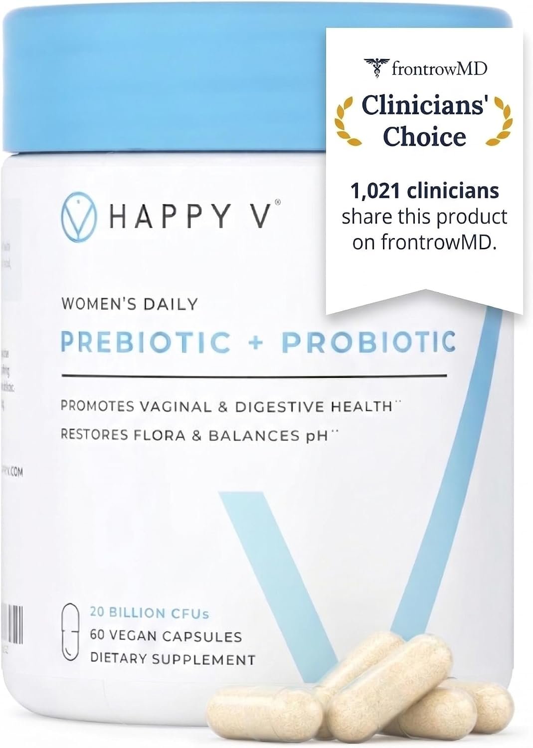 Happy V Dr. Formulated Vaginal Probiotics for Women Odor & Itch Support, Urinary & Gut Health, pH Balance | Womens Daily Probiotic with Patented Prebiotics & Lactobacillus for Feminine Wellness