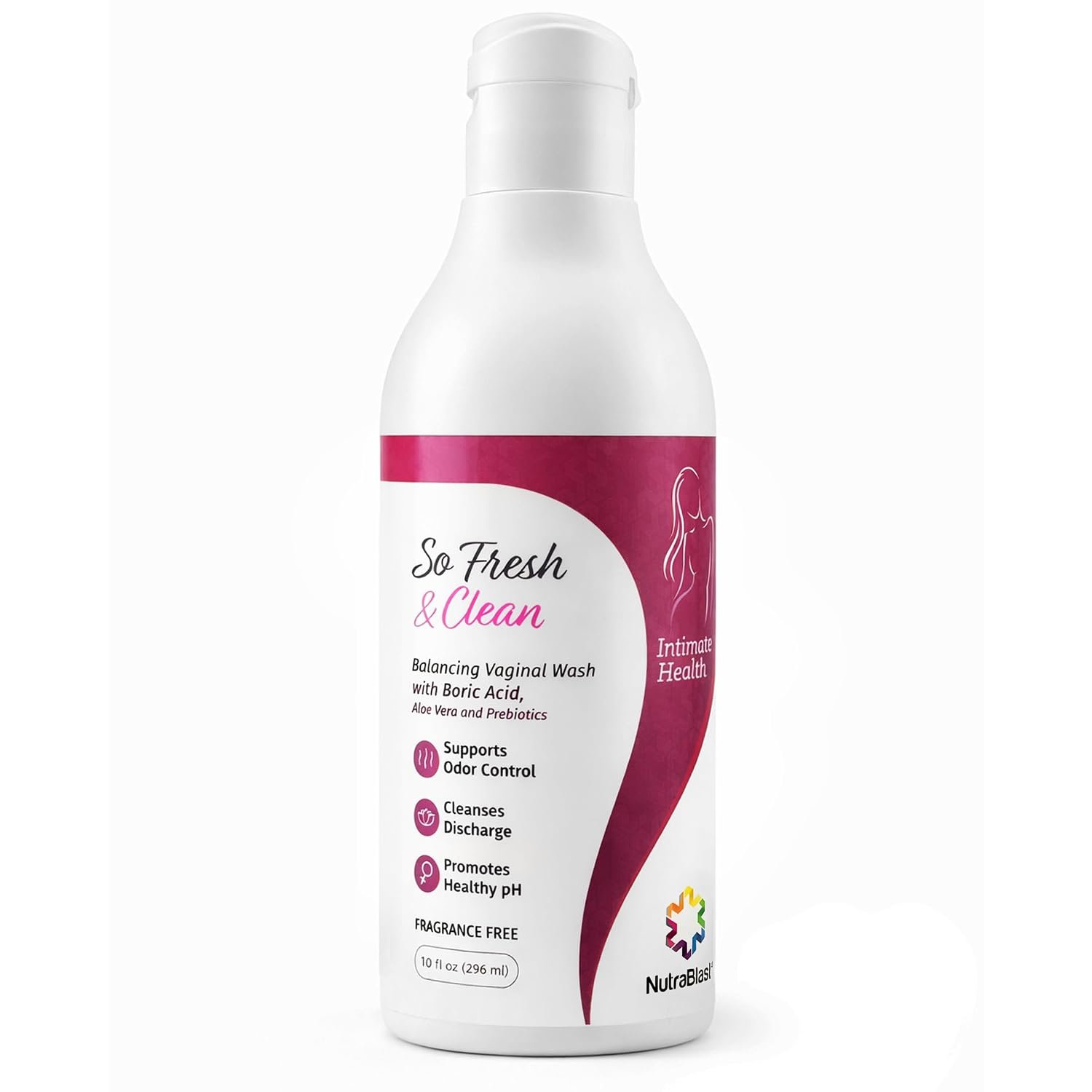 NutraBlast So Fresh & Clean Feminine Wash with Boric Acid, 10 fl oz | pH Balance, Fragrance Free, Supports Odor Control, Cleanses Discharge, Promotes Healthy Intimate Balance