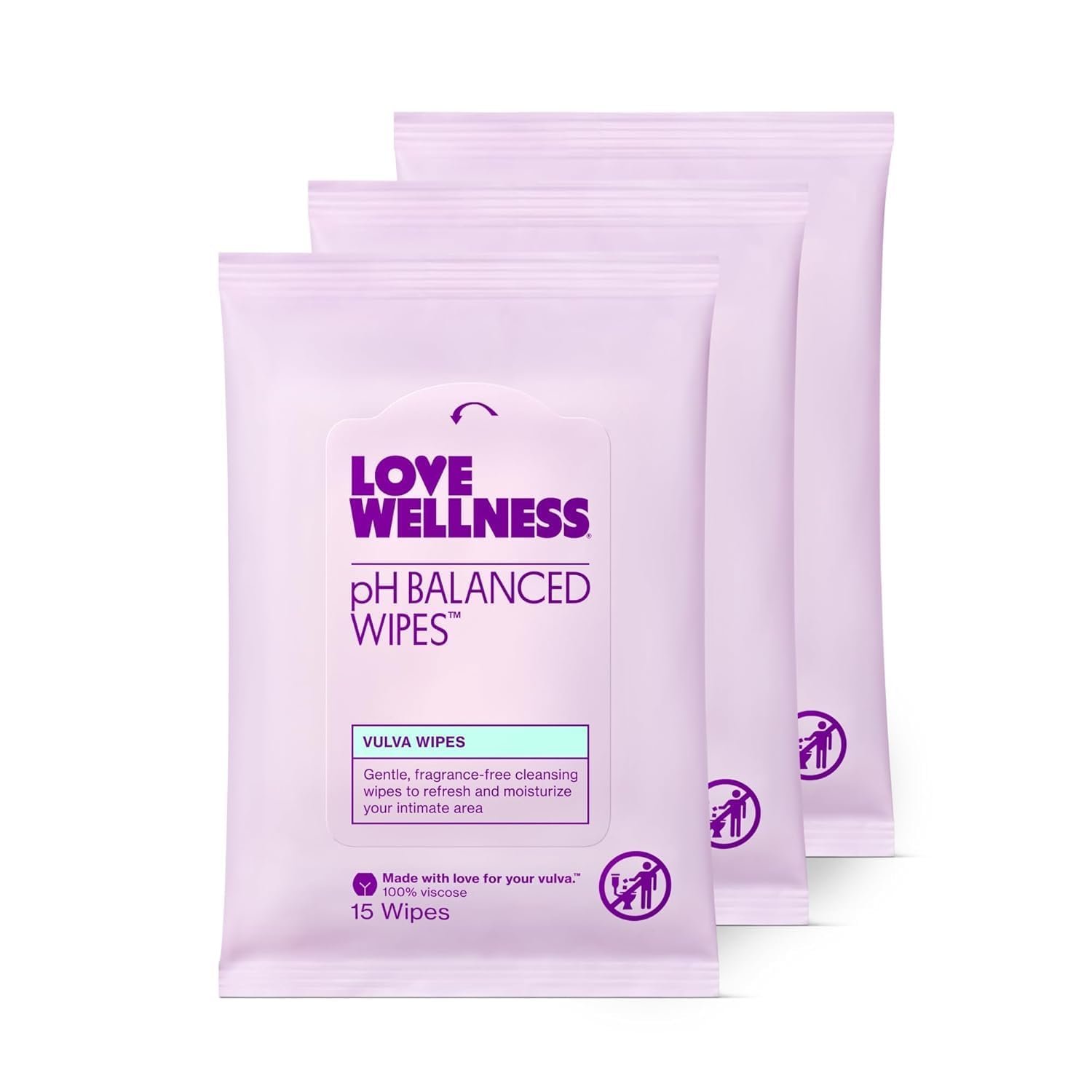 Love Wellness pH Balanced Wipes | Fragrance-Free | Travel Size | 3-Pack | Contains Aloe Vera, Chamomilla Recutita Flower Extract, Citric Acid, Feminine wipes, Convenient, 15 wipes each pack