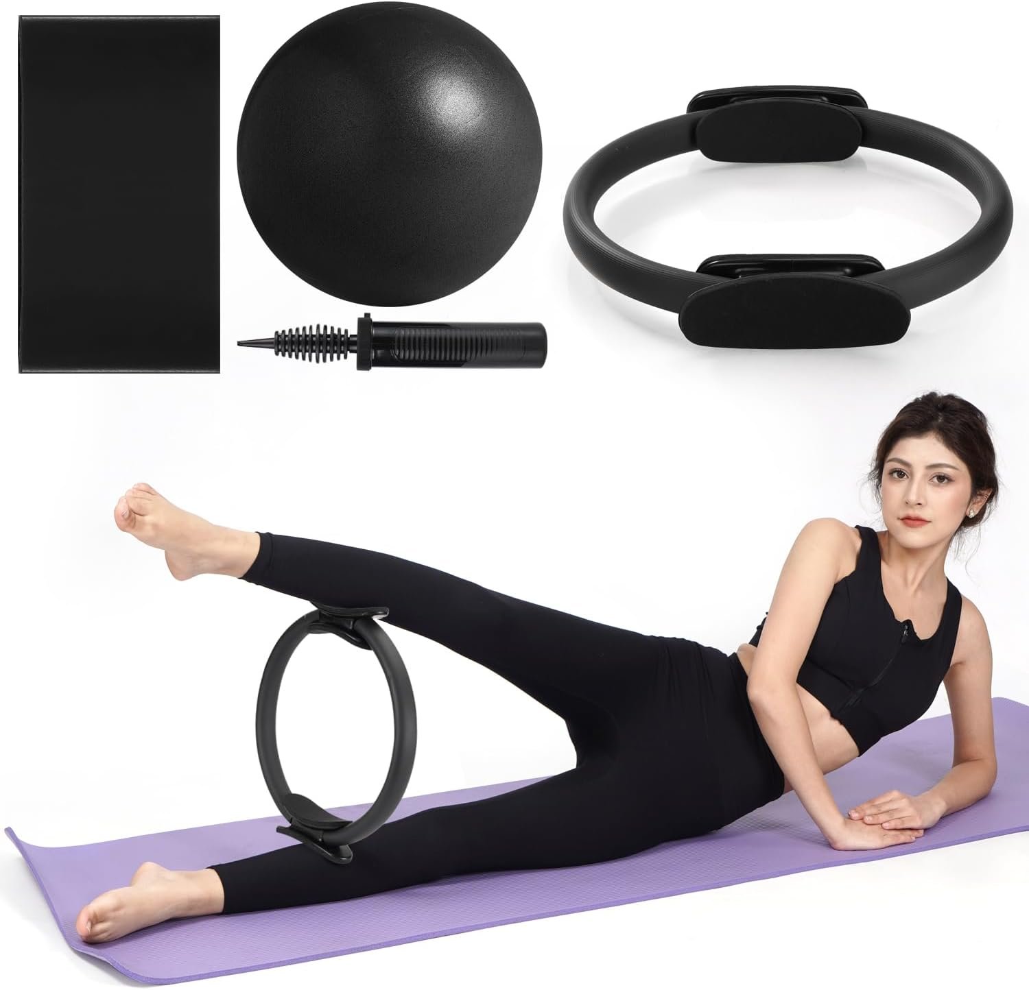 Tsikavo Pilates Ring, Pilates Ring Circle and Ball Set, 12 Inch Magic Circle Pilates Ring,9 Inch Small Exercise Ball,Resistance Bands Set, Home Pilates Equipment for Women