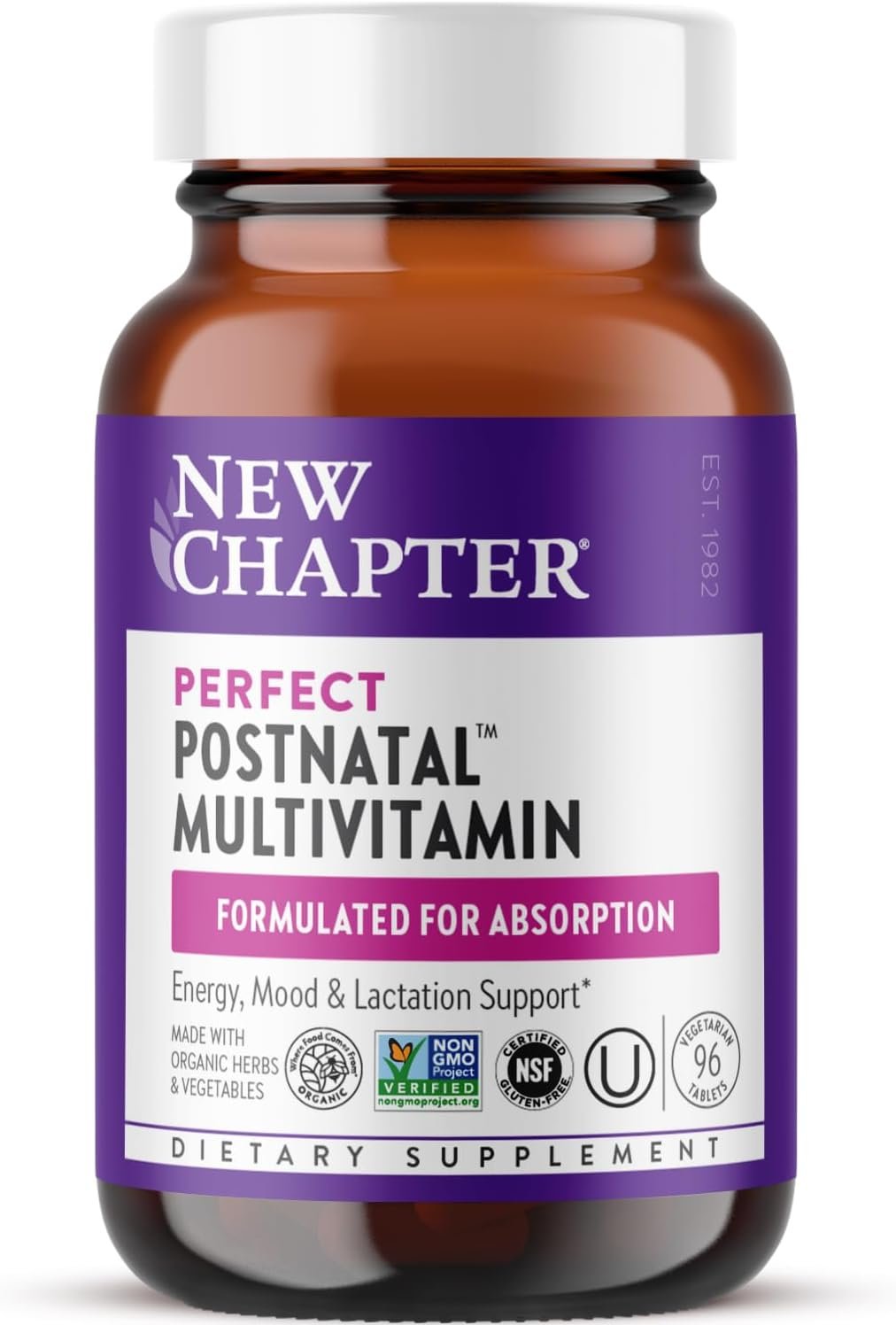 New Chapter Postnatal Vitamins Lactation Supplement, 96 Count | Complete Multivitamin with Fermented Vitamin D3 and B Vitamins, Made with Organic Vegetables and Herbs, Non-GMO