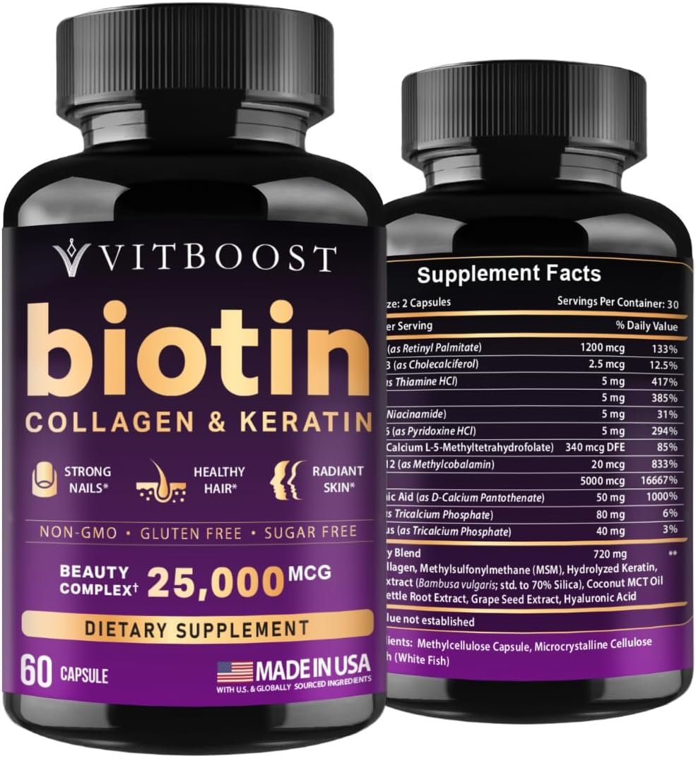 VITBOOST Biotin with Hyaluronic Acid, Collagen and Keratin – 60Ct, 25000mcg | Hair Growth Vitamins for Men and Women – Nails and Skin, USA Made – Third Party Tested, B1, B2, B3, B6, B7 Complex