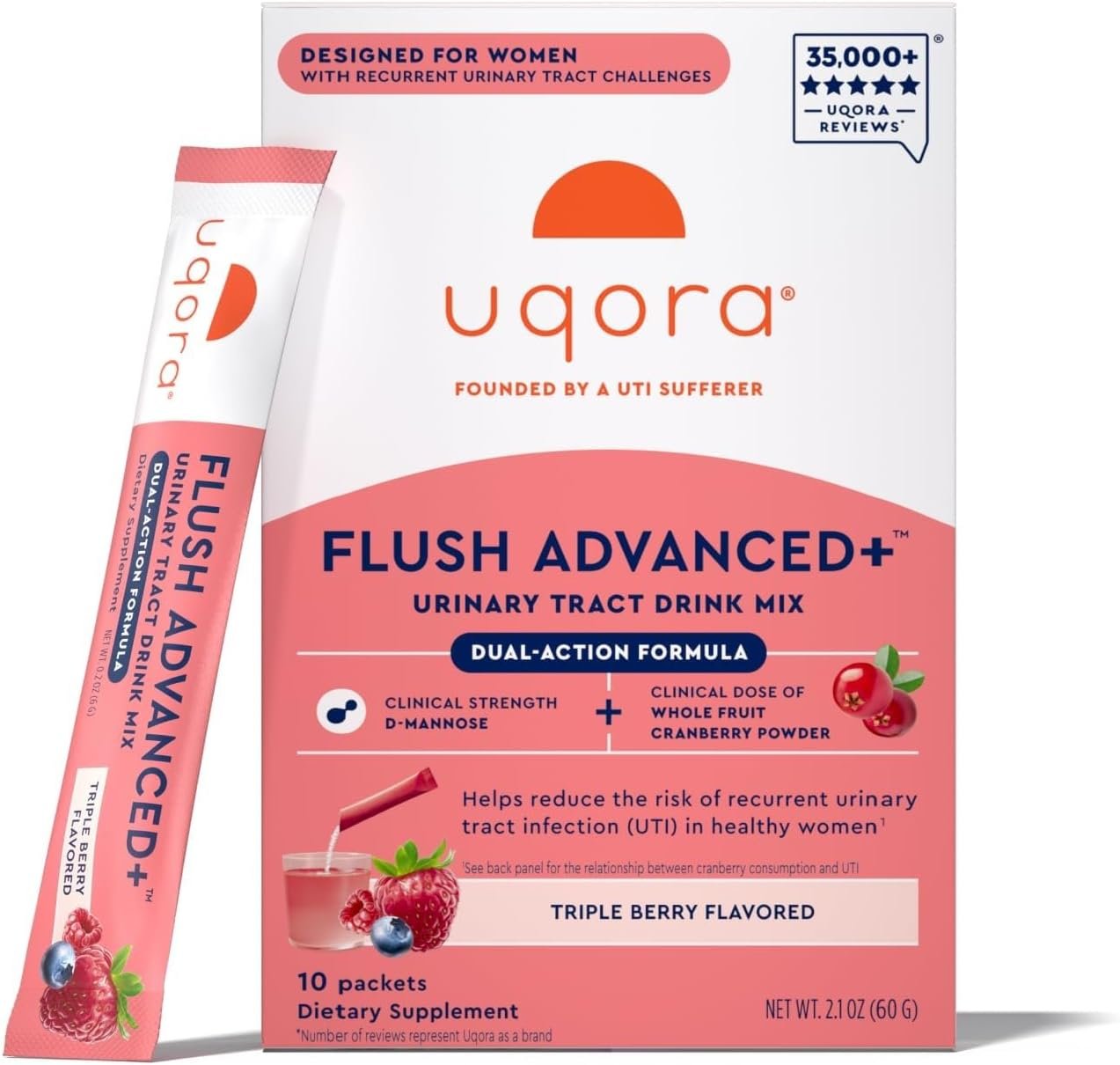 Uqora Flush Advanced+ UTI Support, Triple Berry, 10 Packets | Helps Reduce Risk of Recurrent UTI