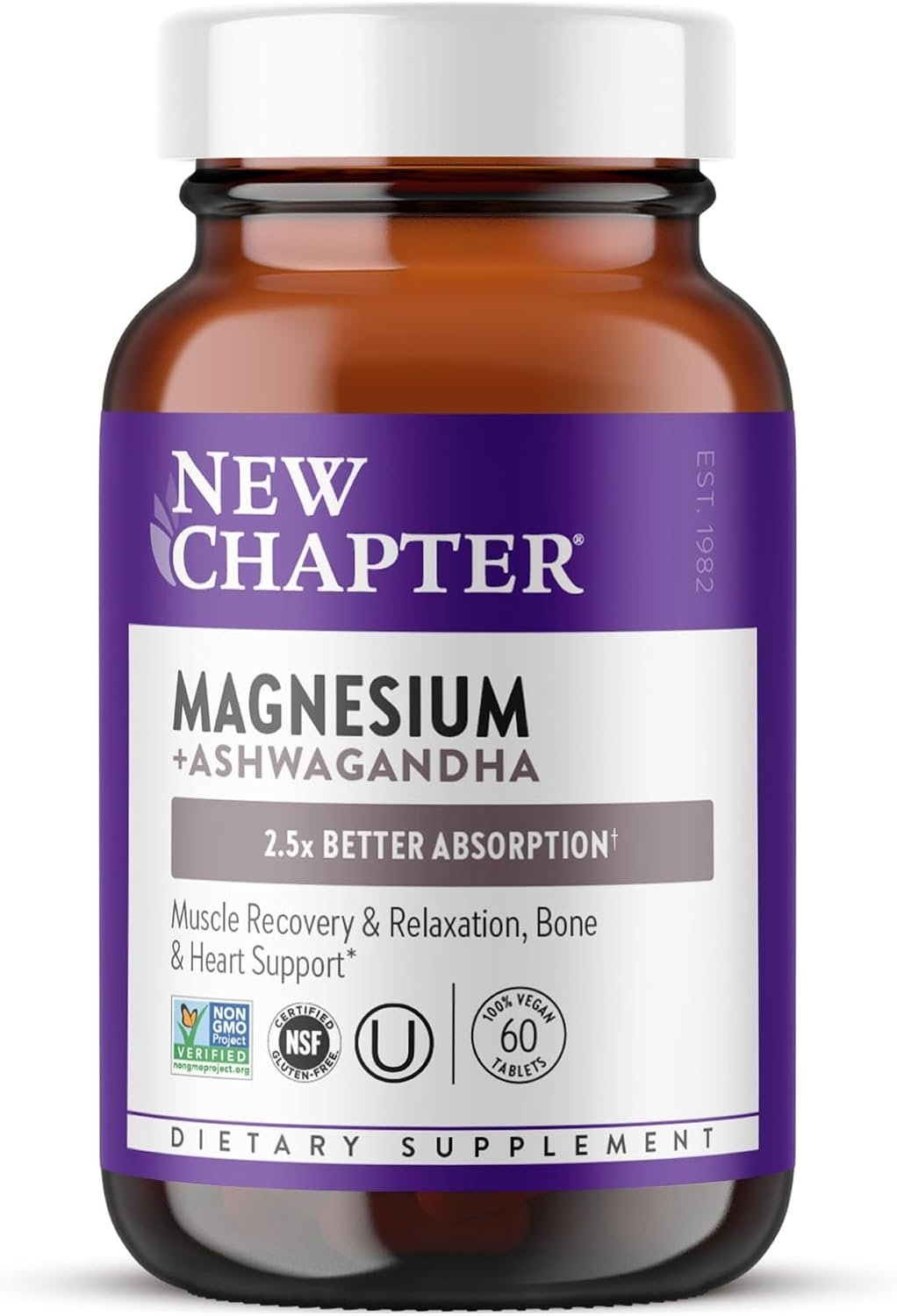 New Chapter Magnesium and Ashwagandha Supplement, 60 Tablets | Highly Absorbable Formula Supports Muscle and Bone Health, Non-GMO, Kosher, Vegan and Gluten Free