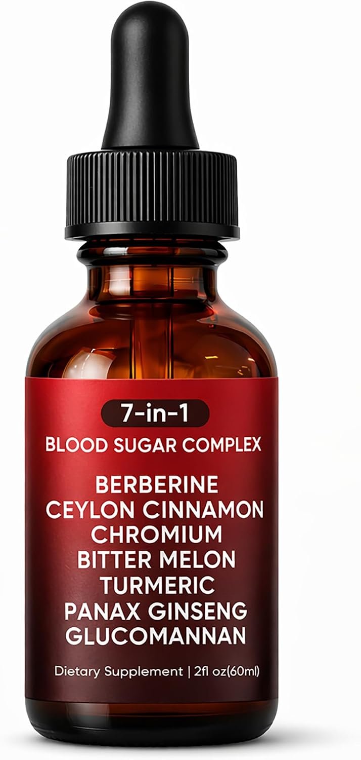 7-in-1 Complex Liquid Drops – Berberine with Ceylon Cinnamon, Chromium, Bitter Melon, Turmeric, Panax Ginseng & Glucomannan, Herbal Metabolic Support Supplement – 2fl oz
