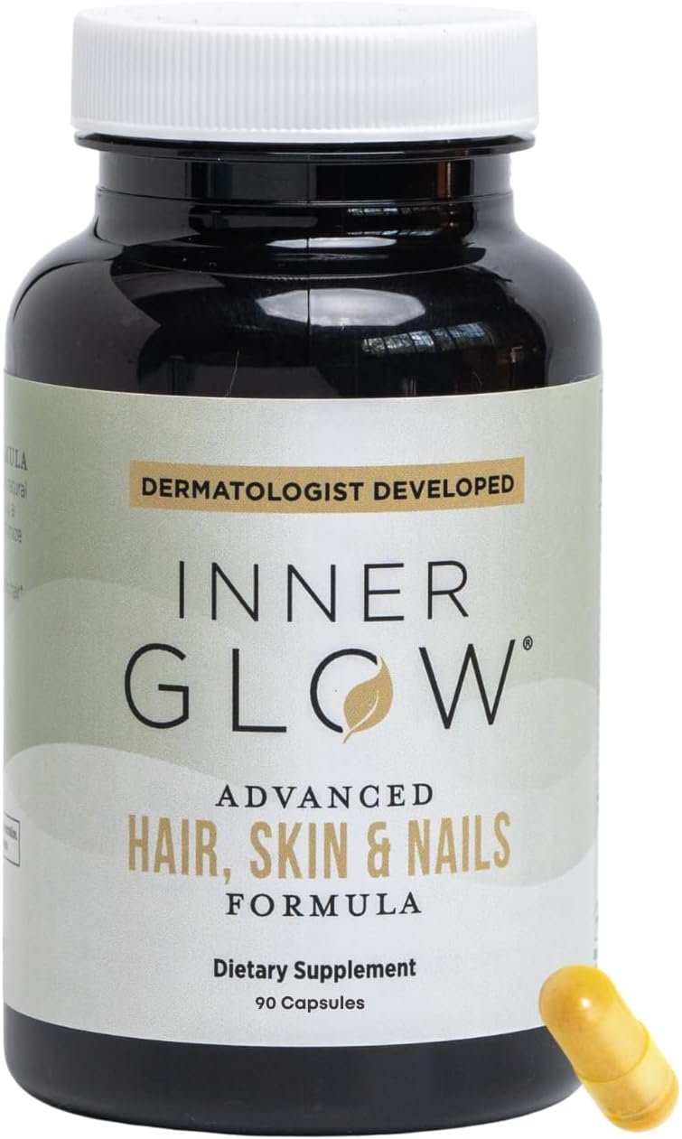 Inner Glow Advanced Hair, Skin & Nails Vitamins – Doctor-Developed Hair Supplement with Biotin, Collagen Peptides, Vitamin D & B12 – Clinically Tested 12-Week Results, Made in USA, Non-GMO