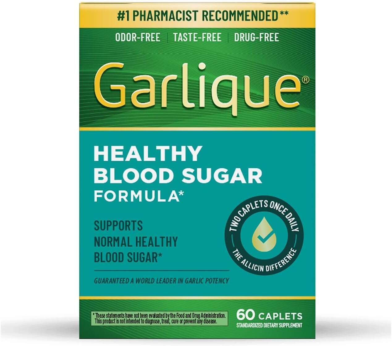 Garlique Garlic Extract Supplement, Healthy Blood Sugar Formula, Blood Sugar Support, 6000 mcg allicin, Odorless & Vegan, 60 Caplets