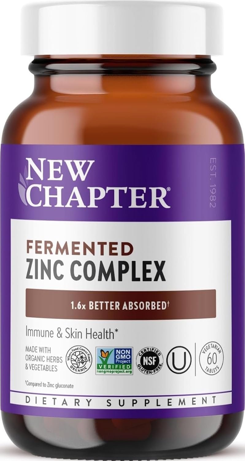 New Chapter Fermented Zinc Complex Supplement, 60 Count | ONE Daily for Immune Support and Skin Health, Mineral-Balancing Formula Rich in Copper, Easy to Swallow and Digest