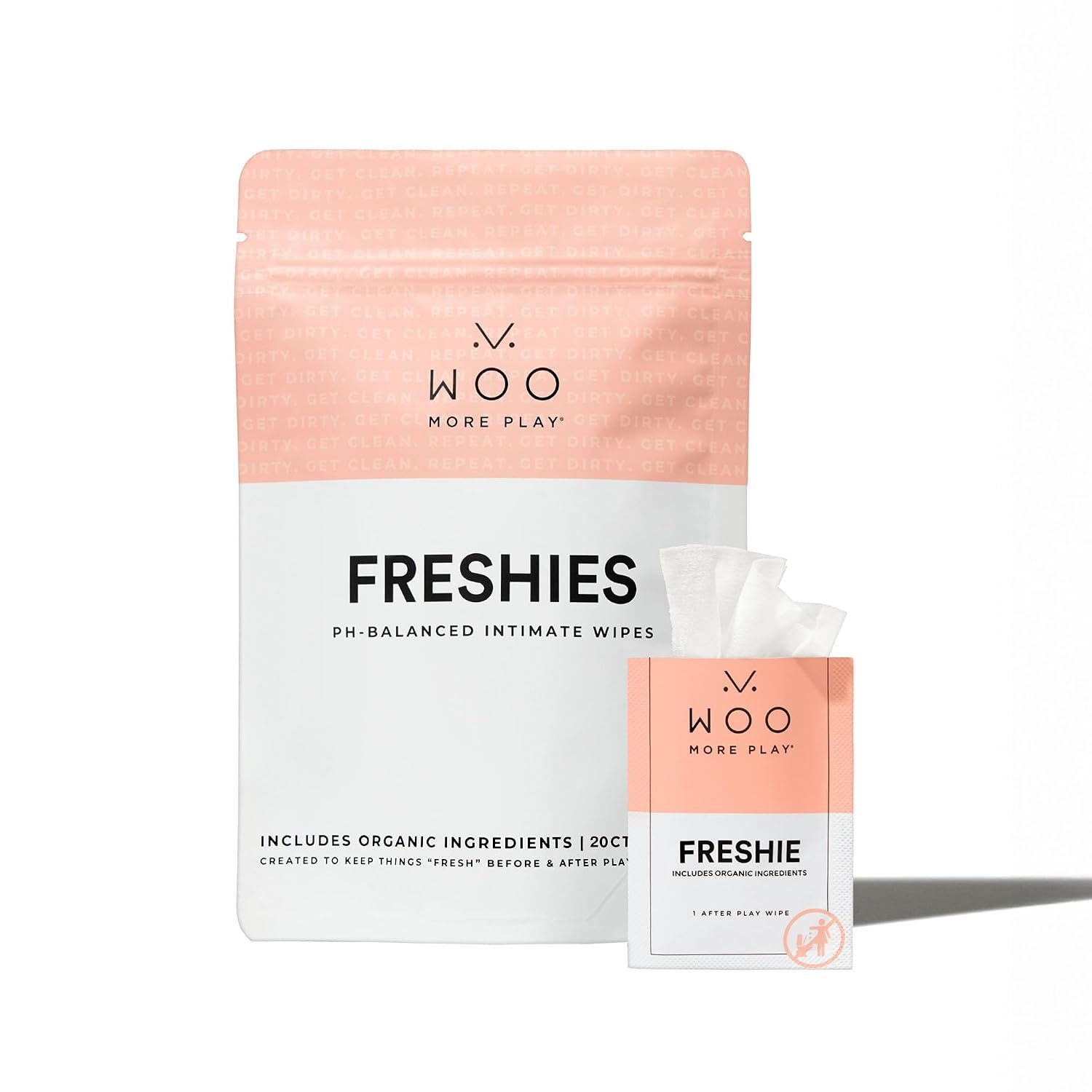 Woo More Play Freshies: All-Natural Feminine Intimacy Towelette Wipes with Coconut Water and Aloe Vera, Promotes Feminine Health & Helps Alleviate Irritation – Vegan and Cruelty Free, 20ct