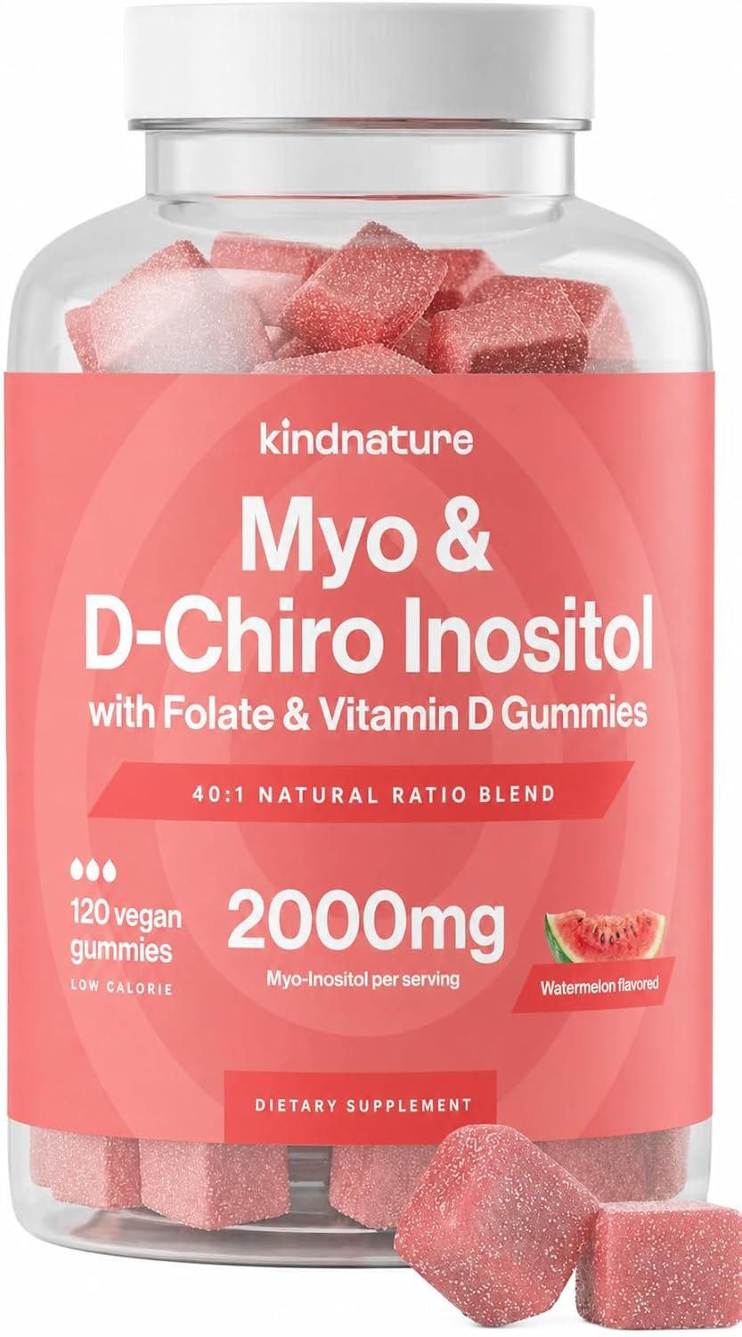 kindnature Myo-Inositol & D-Chiro Inositol Gummies for Women – 2000mg + 50mg, Ideal 40:1 Ratio – with Vitamin D & Folate – Hormone Balance & Fertility Support – Vegan, Watermelon Flavor (120 Gummies)