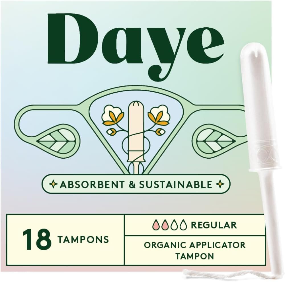 Daye Organic Tampons Regular | 18ct | Pesticide & Metal Tested, 100% Organic Cotton, Best Absorbency | No-Shed Sleeve, Sugarcane Applicator