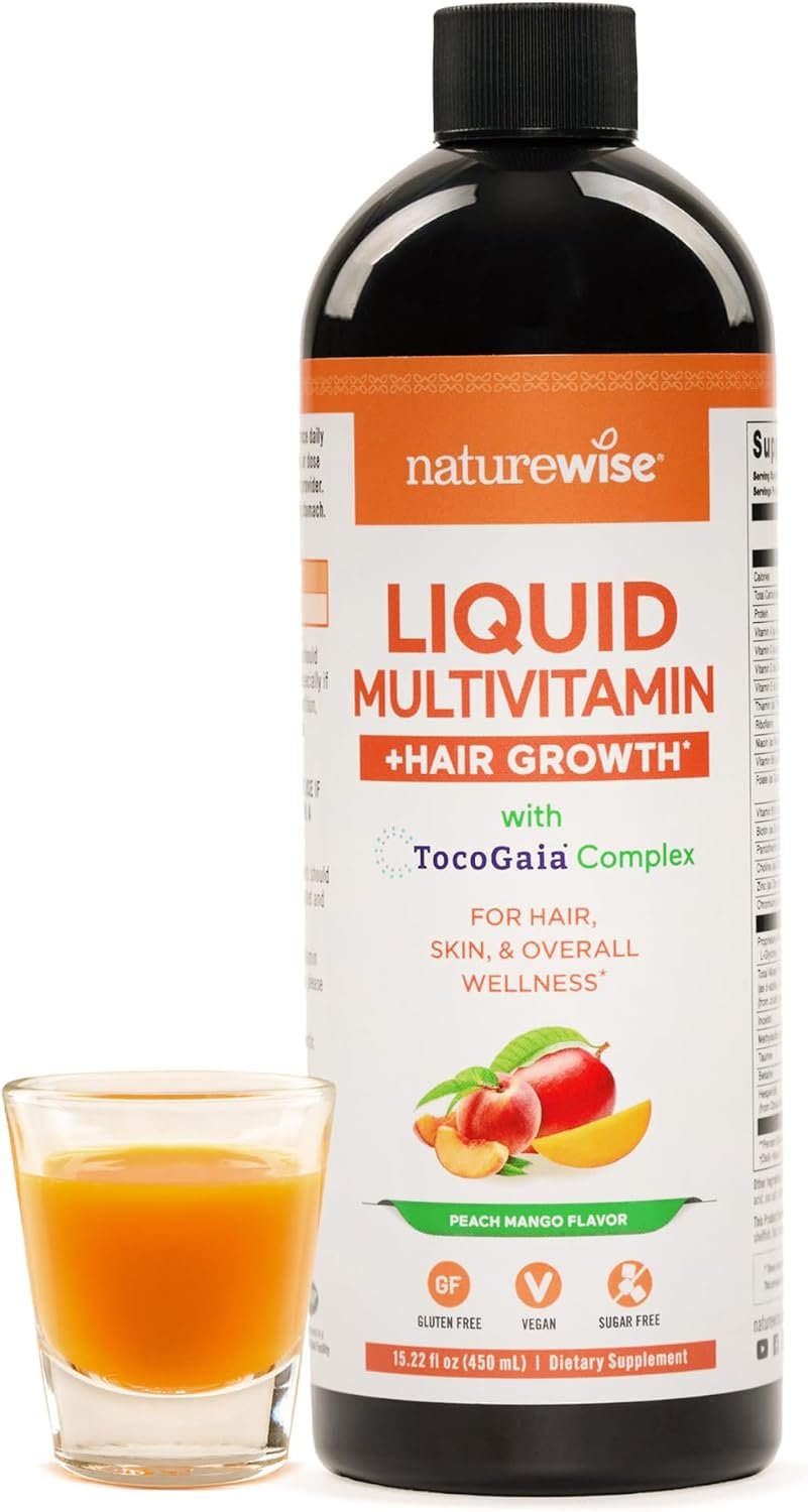 NatureWise Liquid Multivitamin Hair Growth for Women & Men + Tocogaia® for Hair Growth & Skin Elasticity Support + Biotin, Vitamin D, E, B – Sugar Free Multivitamin, Vegan – 15 fl oz[15 Servings]