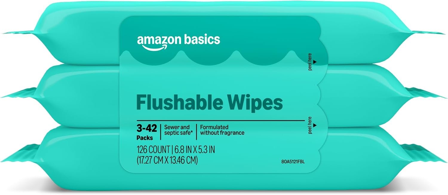 Amazon Basics Flushable Wipes, Fragrance Free, Adult Wet Wipes,126 Count (3 Packs of 42), Packaging May Vary