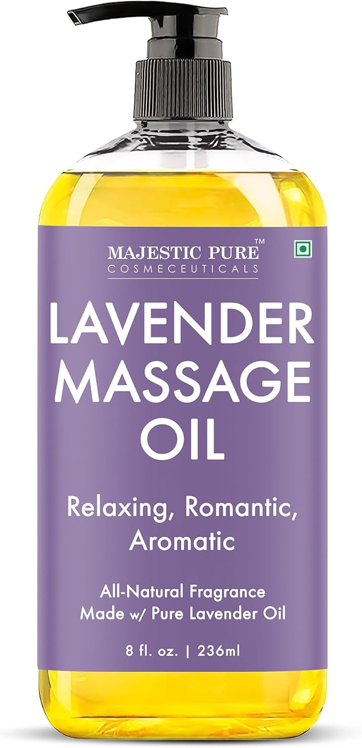 Majestic Pure Lavender Massage Oil, Relaxing Aromatherapy, 8 Fl Oz | Calming evening wind-down and bedtime self-care ritual; soothing floral scent for a spa-like moment of quiet before sleep.