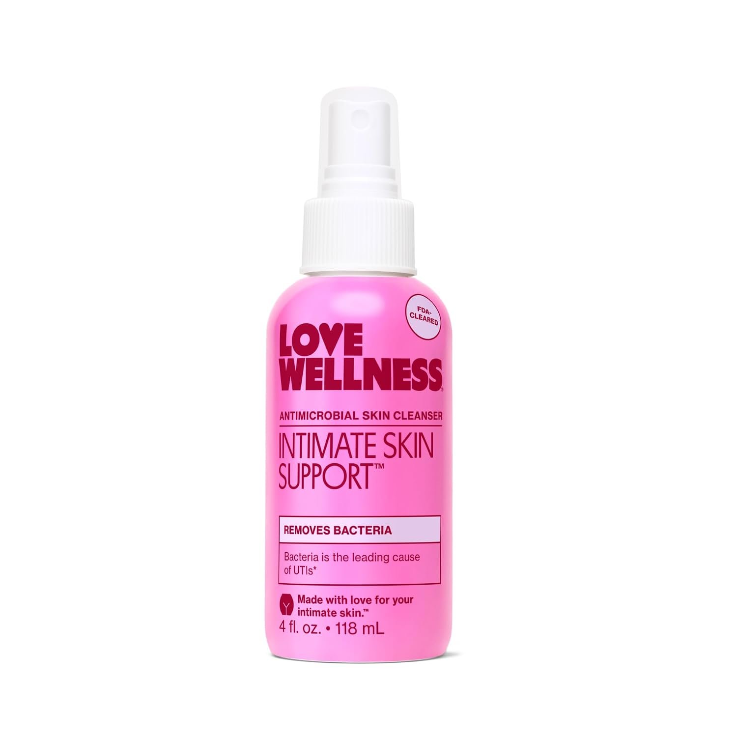 Love Wellness Intimate Skin Support I FDA-Cleared Cleanser Spray I 4 fl. oz | Hypochlorous acid formula, pH balanced, Fragrance-free, Removes buildup, Gentle on sensitive areas, Safe for daily use.