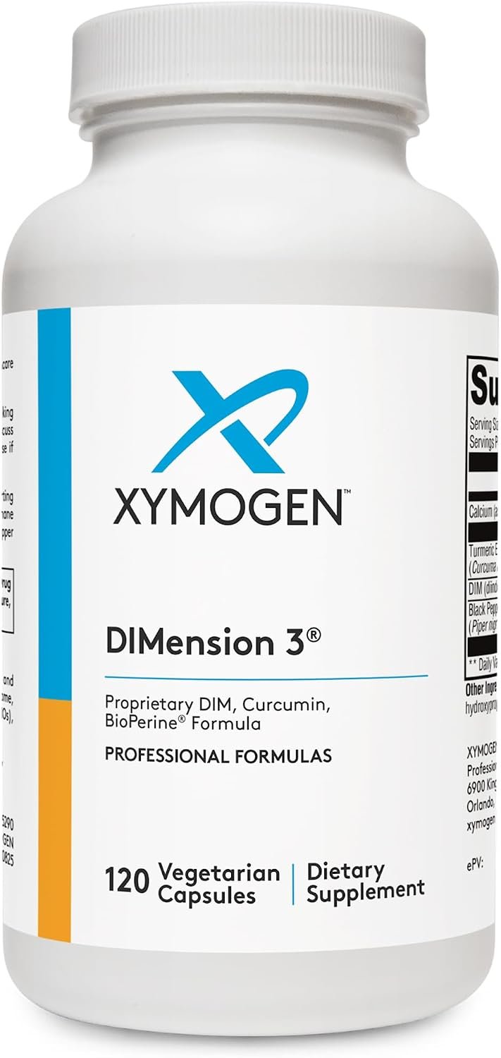 XYMOGEN Dimension 3 – DIM Supplement for Hormonal Balance & Estrogen Metabolism Support* – with Curcumin & BioPerine – Gluten-Free – 120 Capsules | DIM Supplement for Hormonal Balance and Estrogen Metabolism Support,* with Curcumin and BioPerine, Gluten-Free