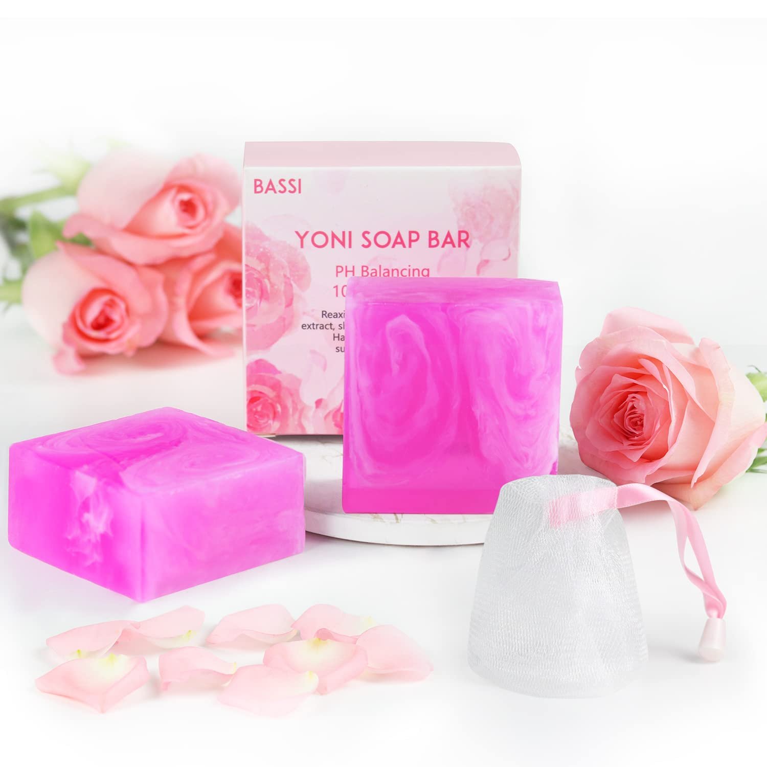 Yoni Soap Feminine Wash 2 PCS, V Cleansing Bar Daily Freshness Odor Control | 100% Natural Organic Feminine Soap Bar for Women pH Balance, Handmade Rose Yoni Bar Soap with Foaming Net 3.53 oz