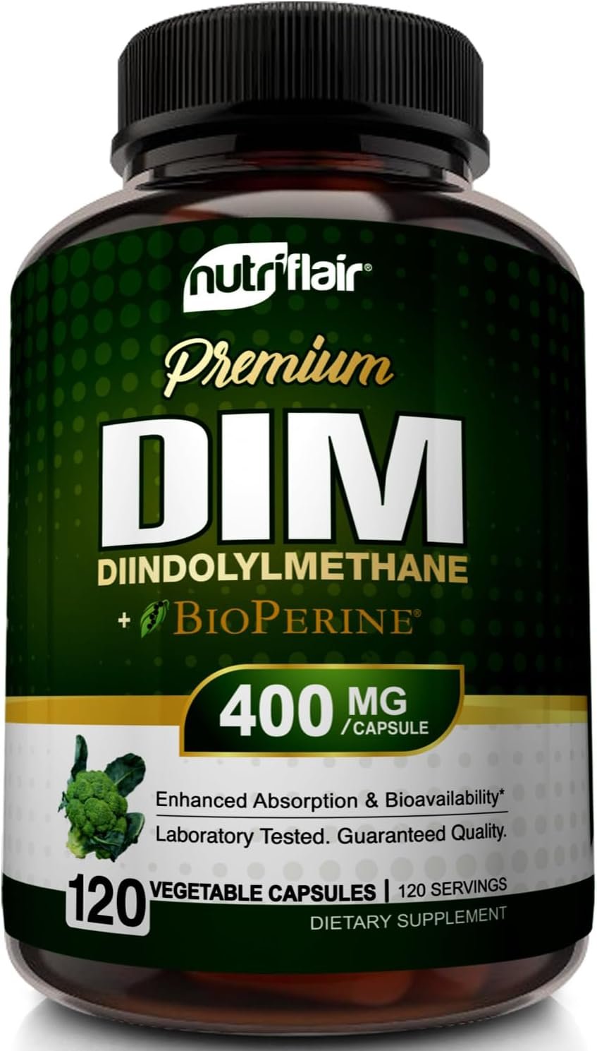 NutriFlair DIM 400mg with BioPerine, 120 Capsules – High Potency Diindolylmethane Supplement – for Men & Women – Vegan, Non-GMO – 4 Month Supply