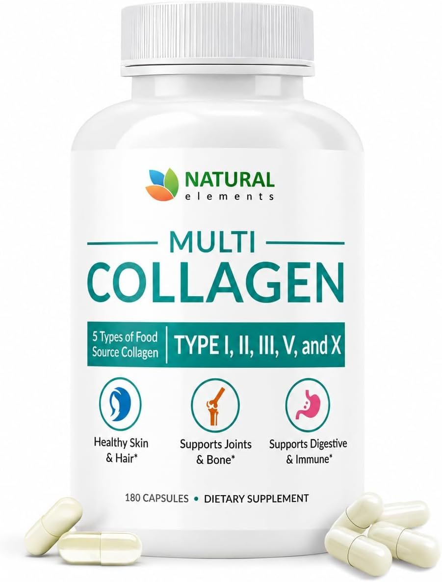 Multi Collagen 180 Protein Capsules – Type I, II, III, V, X Collagen Pills – Proprietary Blend of Eggshell, Chicken, Wild Fish & Grass-Fed Beef Collagen Peptides – 2025mg per serv