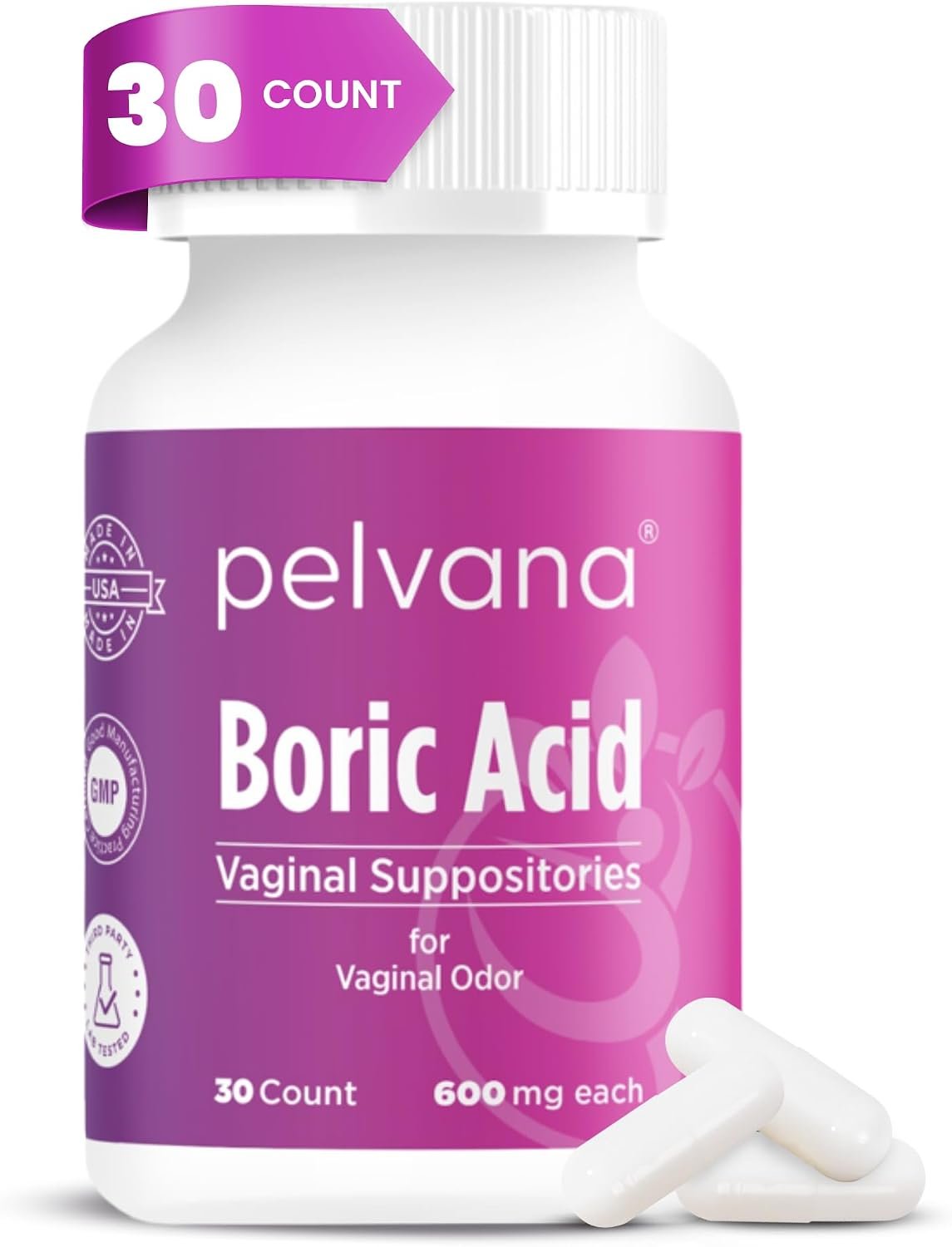 Pelvana Boric Acid Suppositories for Women (30) Capsules for Vaginal Odor | Formulated for Feminine Hygiene, These 600mg NF-grade Boric Acid Capsules Effectively Target and Neutralize Vaginal Odor