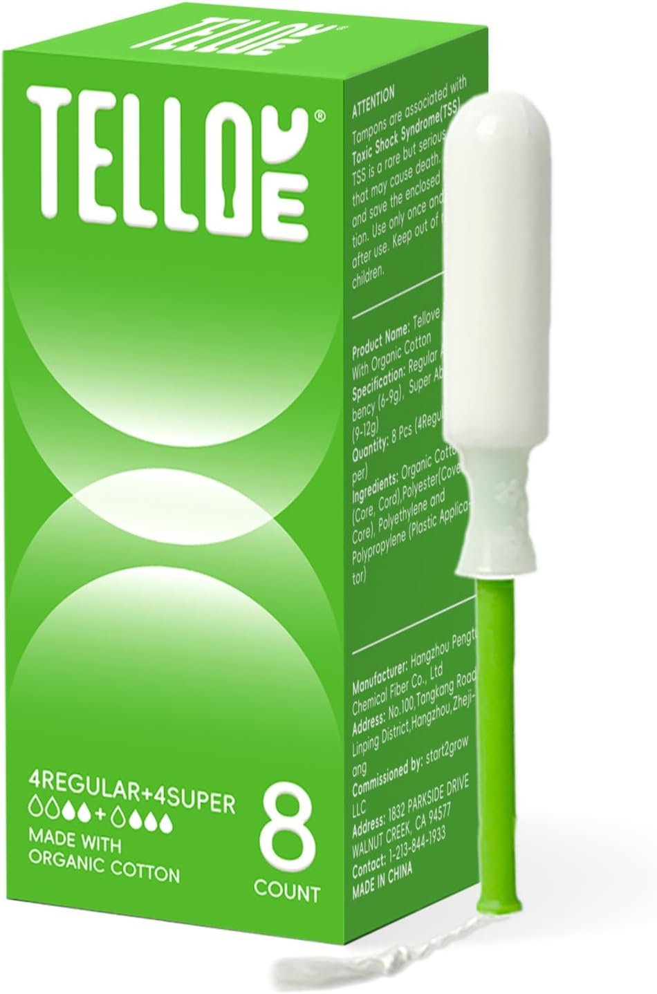 Tellove Organic Tampons, Multipack, 8 Count, Gentle on Sensitive Skin | 100% Organic Cotton Core, Featuring 360° Comfort-Expand Technology for reliable leak defense, BPA-Free Long Applicator