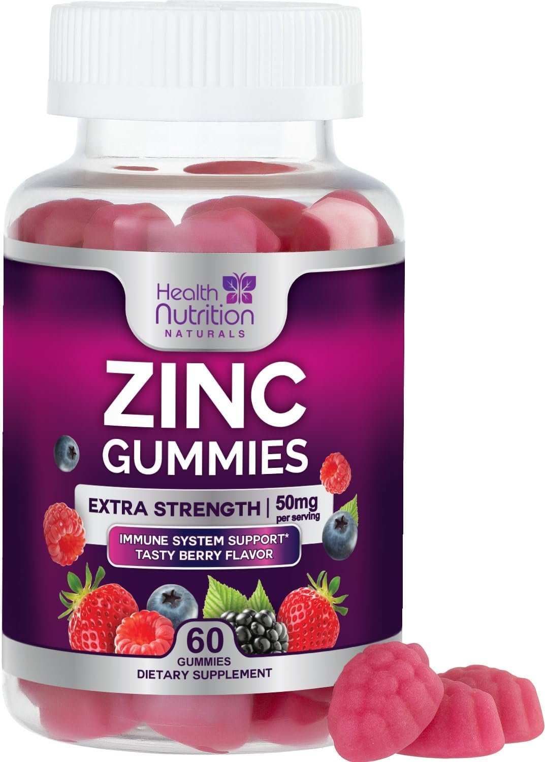 Zinc Gummies 50mg per Serving – Extra Strength Immune Support Antioxidant Gummy, Non-GMO & Gluten Free – Best Zinc Supplement for Skin Bone & Heart Health – Chewable Tasty Berry Flavor – 60 Gummies