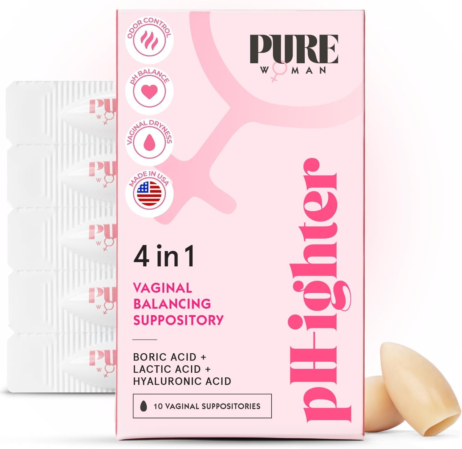 PURE WOMAN – pH-ighter Vaginal Boric Acid Suppositories for Women – Hyaluronic Acid – 4 in 1 Vaginal Suppositories for Discomfort, Dryness, Odor & pH Balance- Full Vaginal Health Care – 10pk