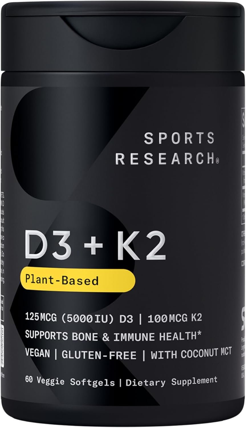 Sports Research® Vegan Vitamin D3 + K2 w/Coconut Oil, 60 Count Plantgels™ | Plant-Based Vitamin D 5000iu/125mcg & Soy-Free Vitamin K 100mcg for Bone & Immune Support – Vegan Certified · Non-GMO