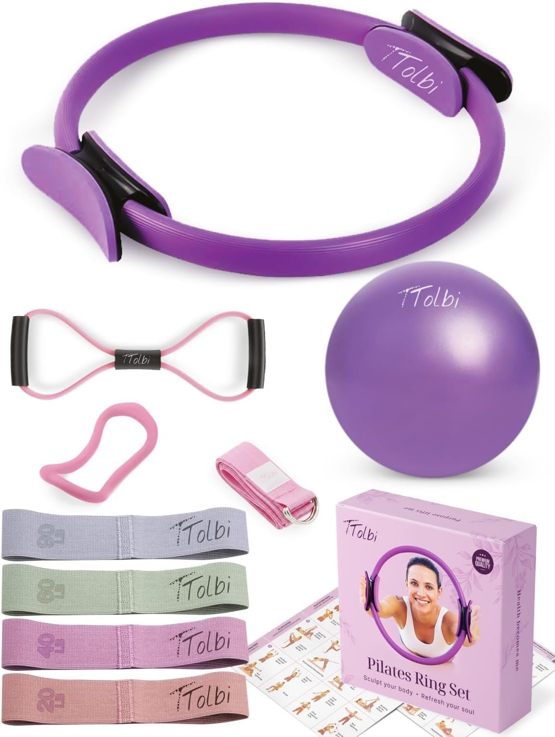 Pilates Ring and Ball Set with Video Tutorials, 10-in-1 Home Pilates Kit | Complete beginner-friendly workout kit for women to tone, strengthen and improve flexibility, balance and core at home