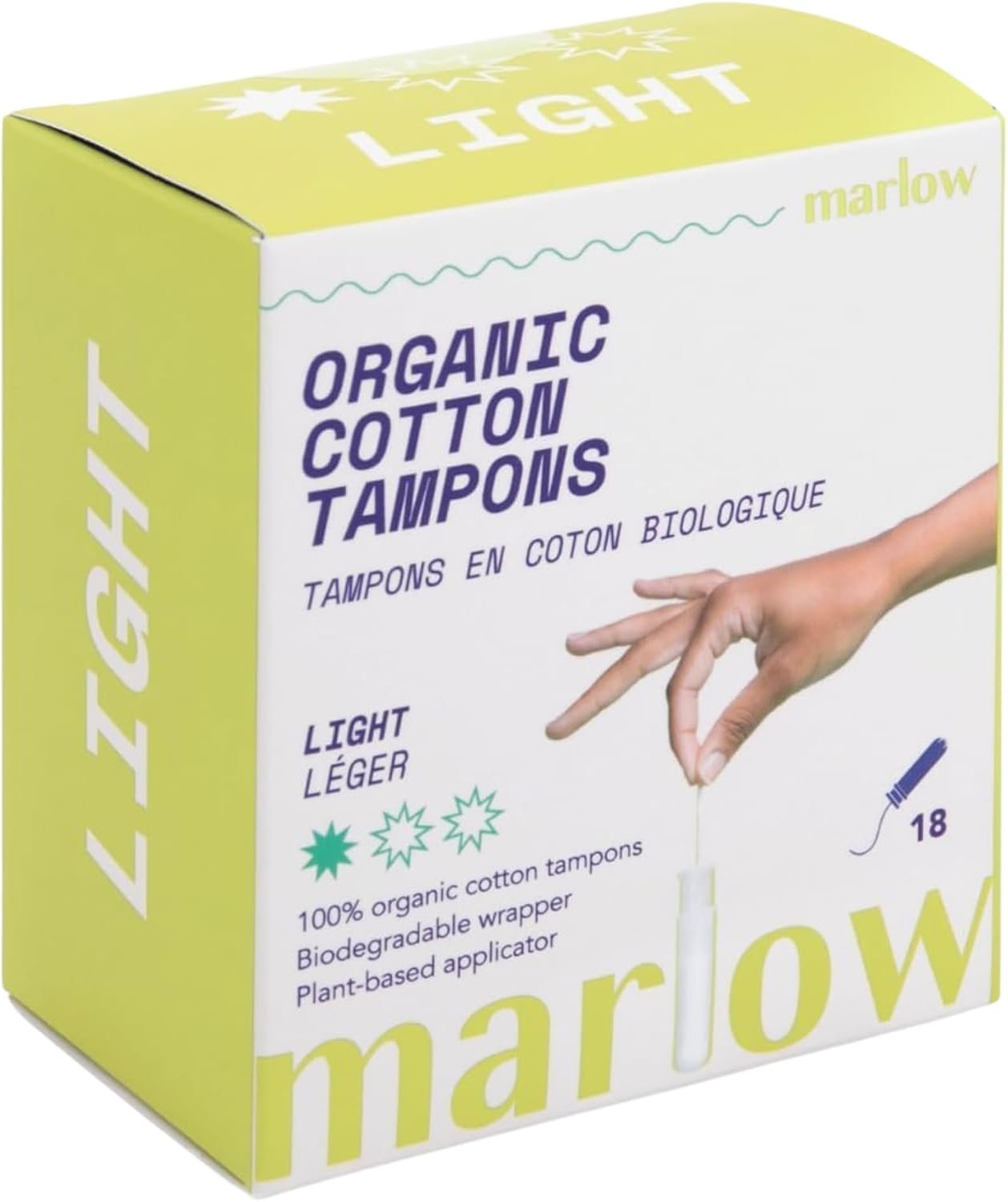 Marlow | Organic Cotton Tampons | Plant Based Applicator | Light 18 Count