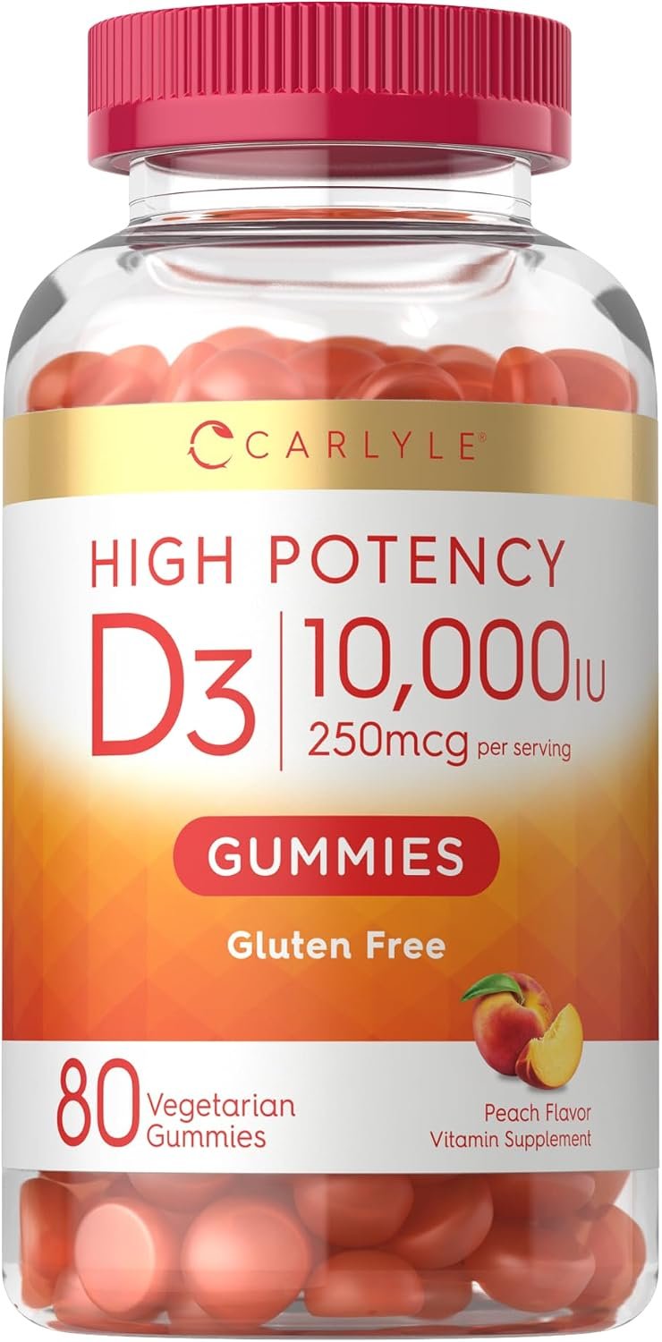 Vitamin D3 10000iu Gummies for Adults | 80 Count | Peach Flavored Gummy | High Potency For Women & Men | Vegetarian, Non-GMO, Gluten Free Supplement