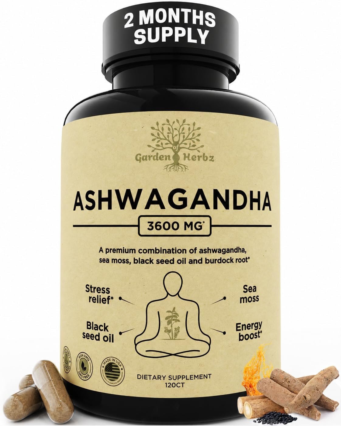 Organic Ashwagandha Supplement for Women & Men 3600 mg, Sea Moss Capsules | Stress, Mood, Energy & Sleep Support, 120 Capsules, 2 Month Supply, Black Seed Oil, Burdock Root, Vegan, Non-GMO, Made in USA