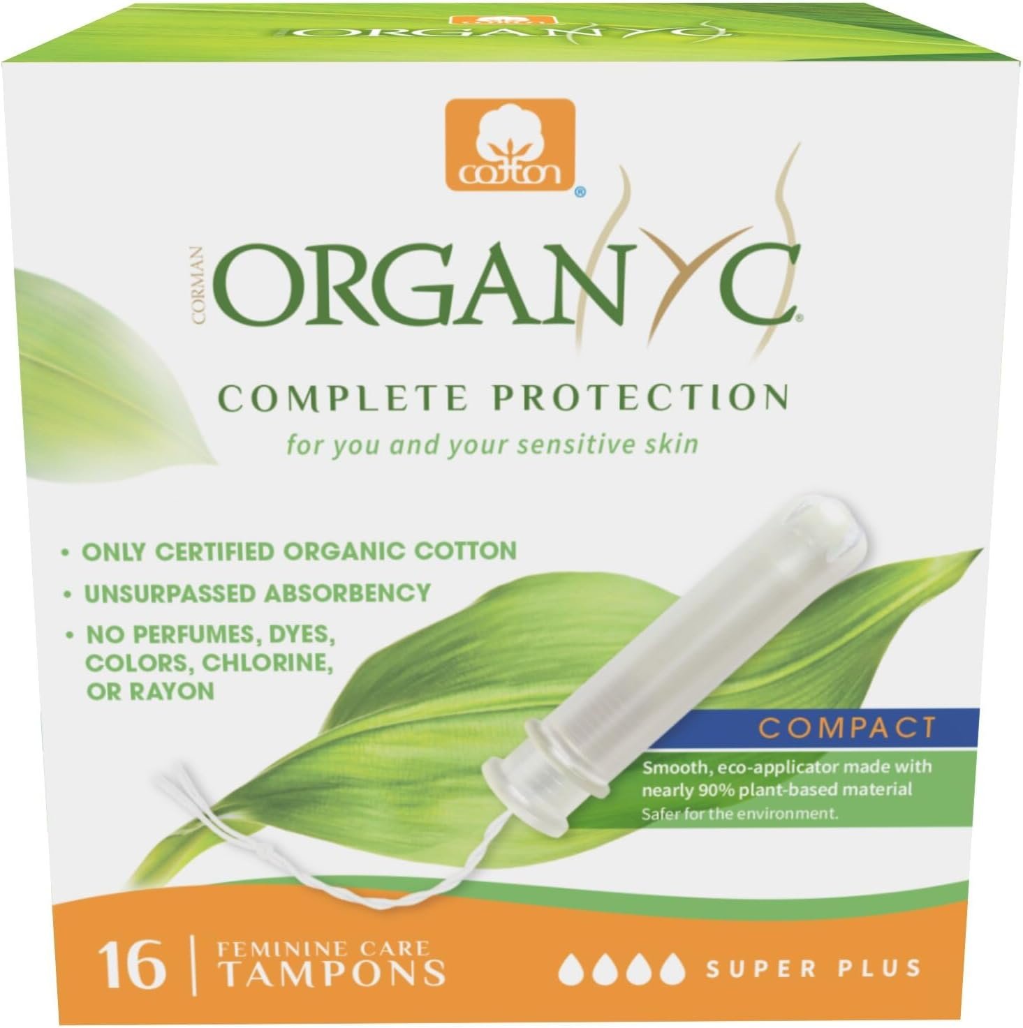 Organyc 100% Certified Organic Cotton Tampons, Bio-Based Eco-Applicator, 16 Count (Pack of 1)