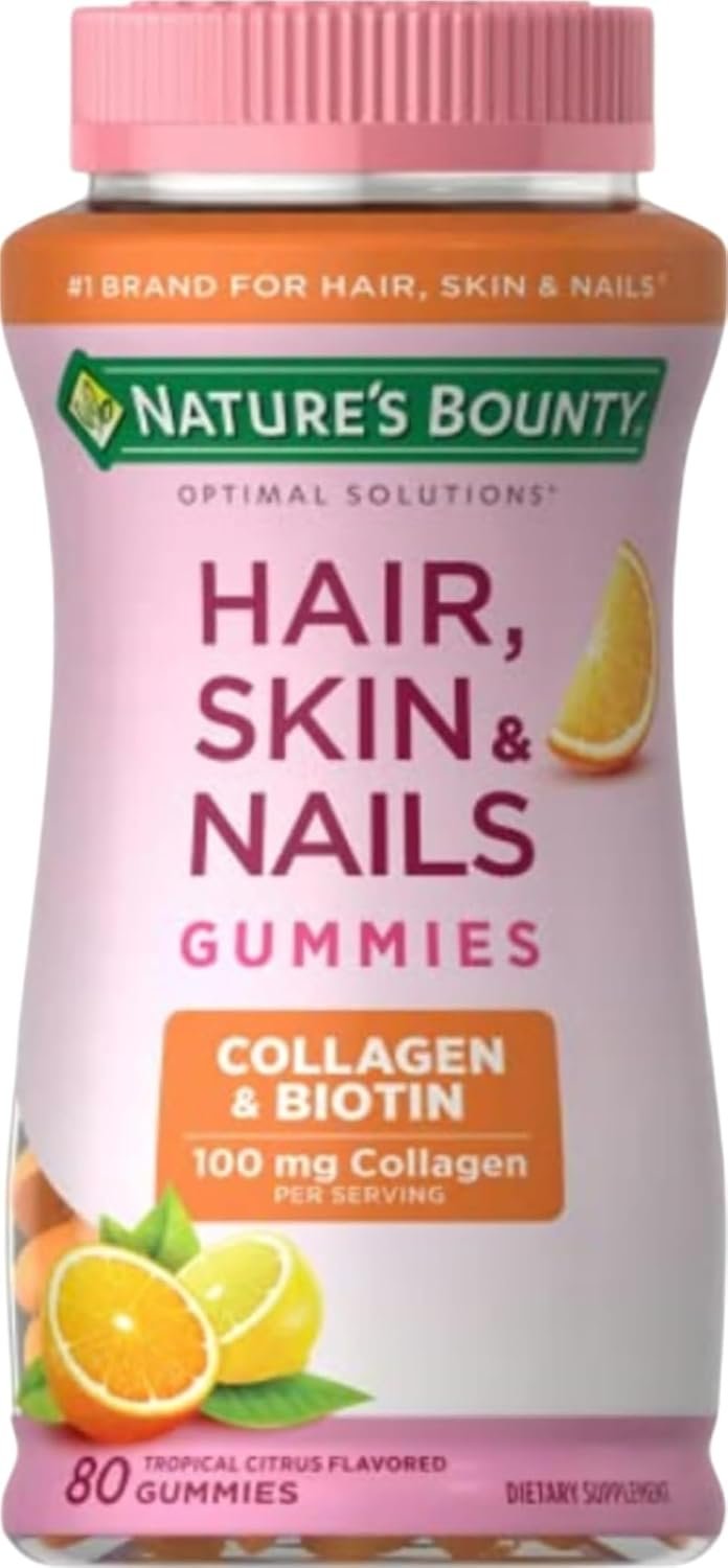 Nature’s Bounty Optimal Solutions Hair, Skin & Nails with Biotin & Collagen | Citrus-Flavored Gummies Vitamin Supplement, 2500mcg per 2 Gummies, 80 Count, 40 Total Servings