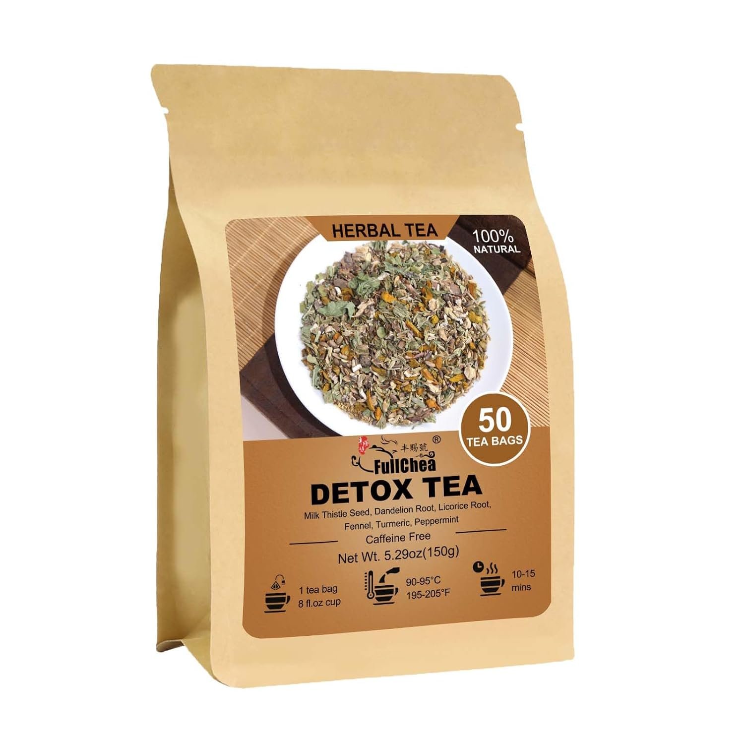 FullChea – Detox Tea Bags, 50 Count, Milk Thistle Herbal Detox Blend | Liver detox tea with milk thistle seed, dandelion root, licorice root, fennel, turmeric, peppermint, easy to brew hot or iced