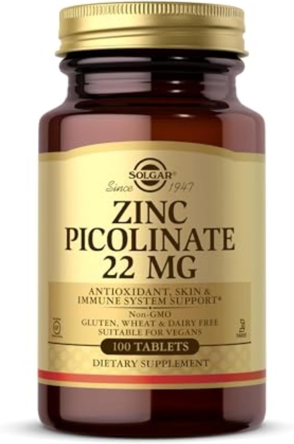 Solgar Zinc Picolinate 22 mg, 100 Tablets – Promotes Healthy Skin – Supports Immune System, Normal Taste & Vision – Antioxidant – Non-GMO, Vegan, Gluten Free, Kosher – 100 Servings