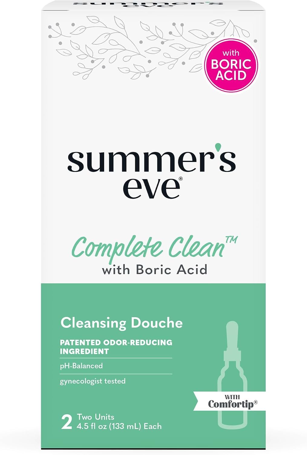 Summer’s Eve Douche, Complete Clean, 4.5 oz, 2-Count | Vaginal Douche for Women, Help Reduce Vaginal Odor, with Boric Acid, pH-balanced formula, Gynecologist Tested